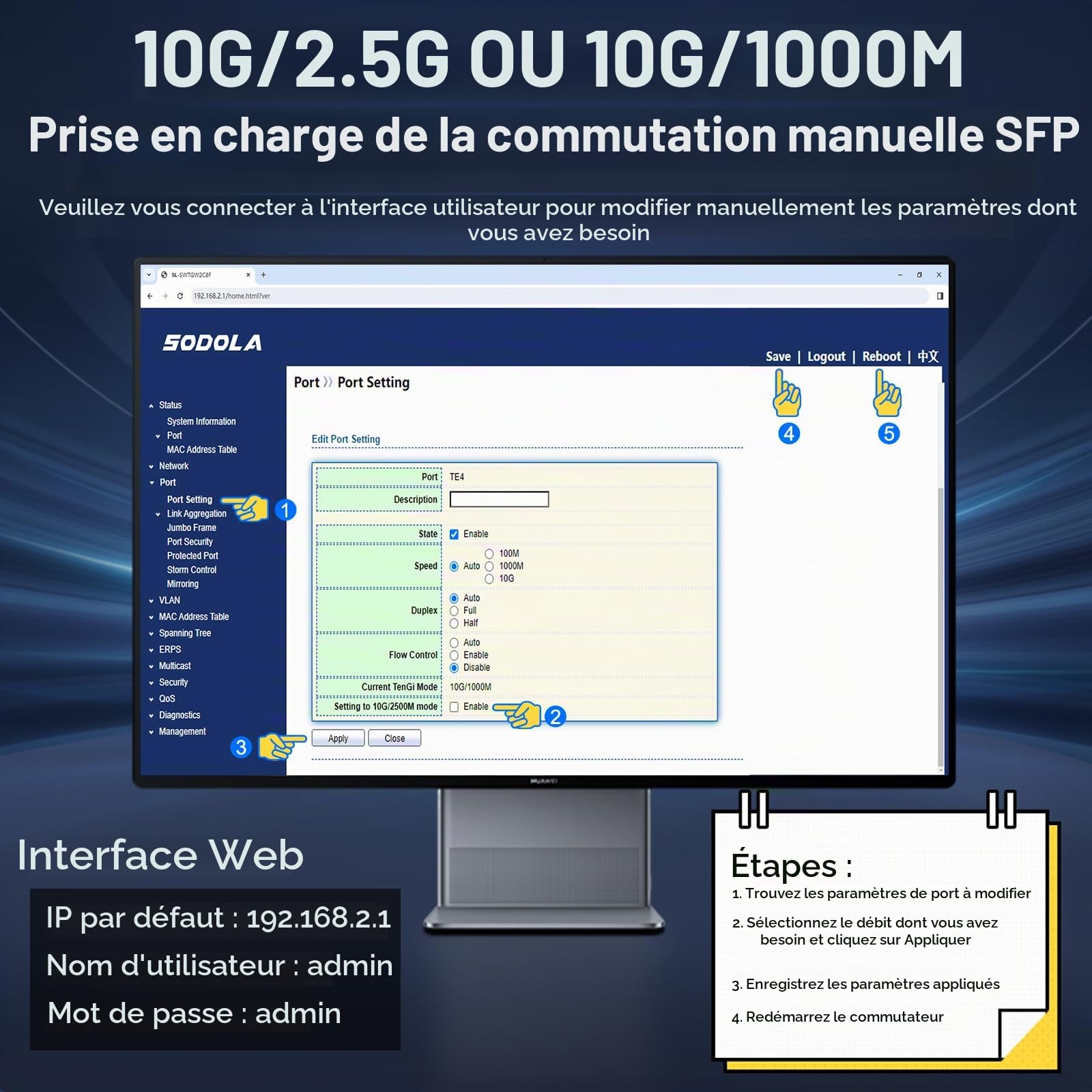 SODOLA Switch 10Gb Ethernet 6 Ports, 4x10G RJ45 & 2x10G SFP+ | Géré par web, Boîtier métallique, refroidissement ventilé, prend en charge LACP/QoS/VLAN/IGMP, montage bureau/mural