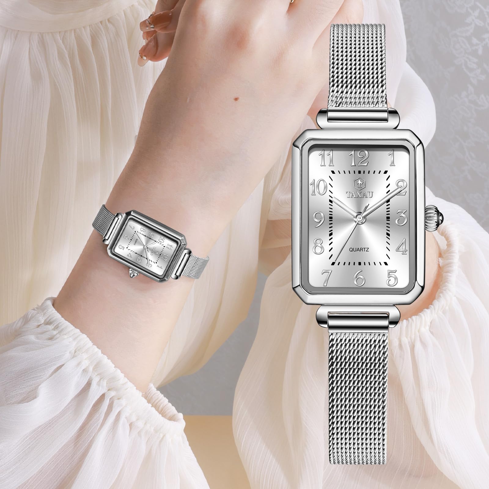 Taxau Reloj de pulsera rectangular para mujer con correa de malla de acero inoxidable, reloj de pulsera rectangular para mujer, reloj de pulsera de oro rosa, resistente al agua, elegante reloj de