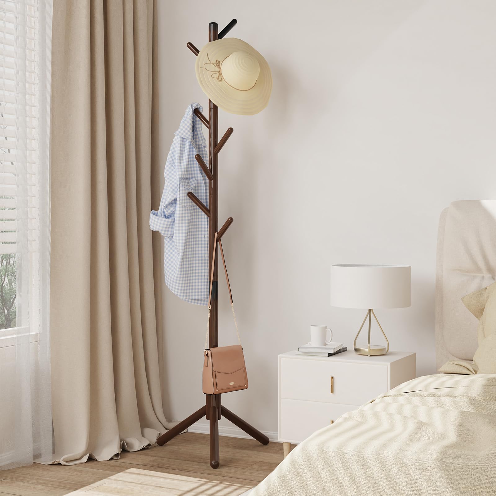 Attaccapanni da Terra, Appendiabiti Camera da Letto con 8 Ganci, Base Triangolare Stabile, per Ingresso, Corridoio, Entrata, in Legno, Marrone, 42×180cm
