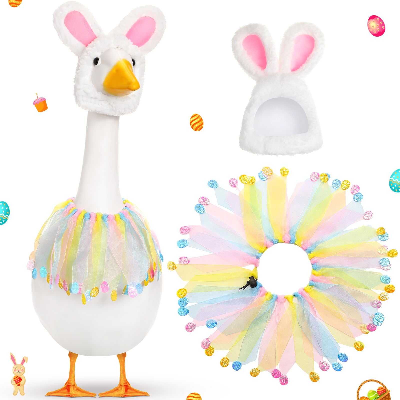 Jeere Easter Porch Goose Outfits for Plastic Goose 23"/ 17'' Lawn Goose Statue Clothes Bunny Hat Egg Tutu Collar Bandana for Easter Party Patio Yard