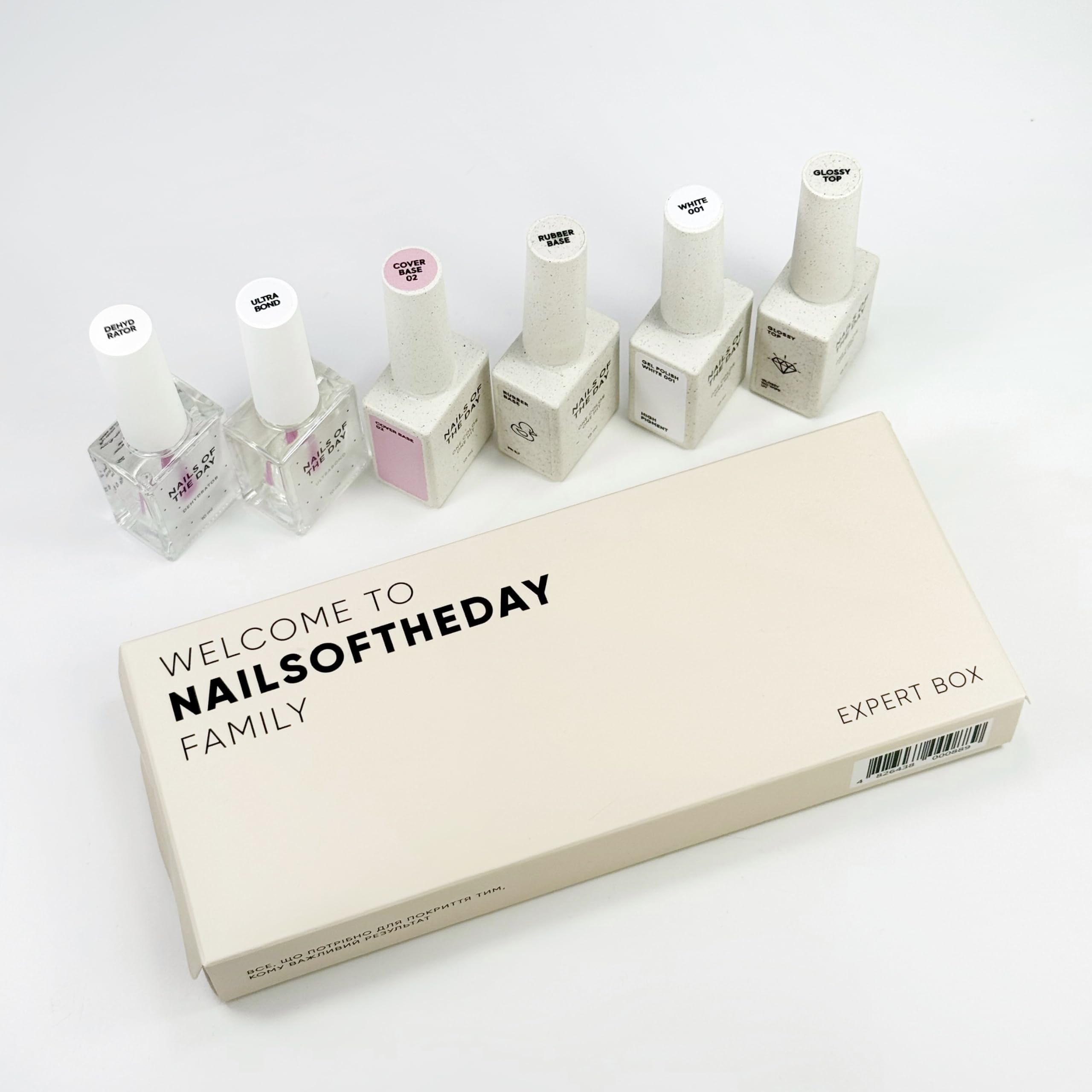 NAILSOFTHEDAY WELCOME NOTD BOX Kit Starter Manicure Dehydrator, Ultrabond, Rubber Base, Cover Base New Formula 02, Gel Polish Let's Special White 001 e Glossy Top Wipe, 10 ml c/u