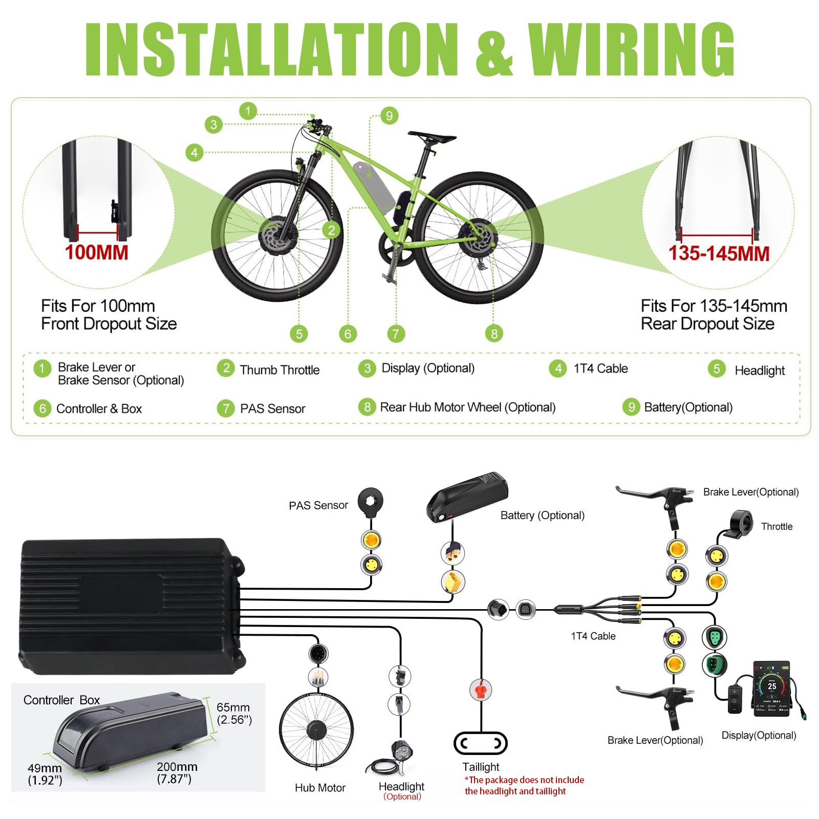 125EVH-5OO 125XVH-75O Kit de Conversión para Bicicleta Eléctrica – Motor de Buje Trasero 48 V 448 RPM con Controlador Mejorado, Pantalla y Batería Opcional – Kit EBike para Ciudad
