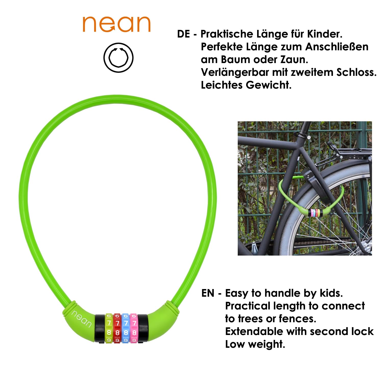 Nean, cavo spiralato con lucchetto per la bicicletta dei bambini, serratura a combinazione numerica, colorato, 10 x 650 mm (verde)