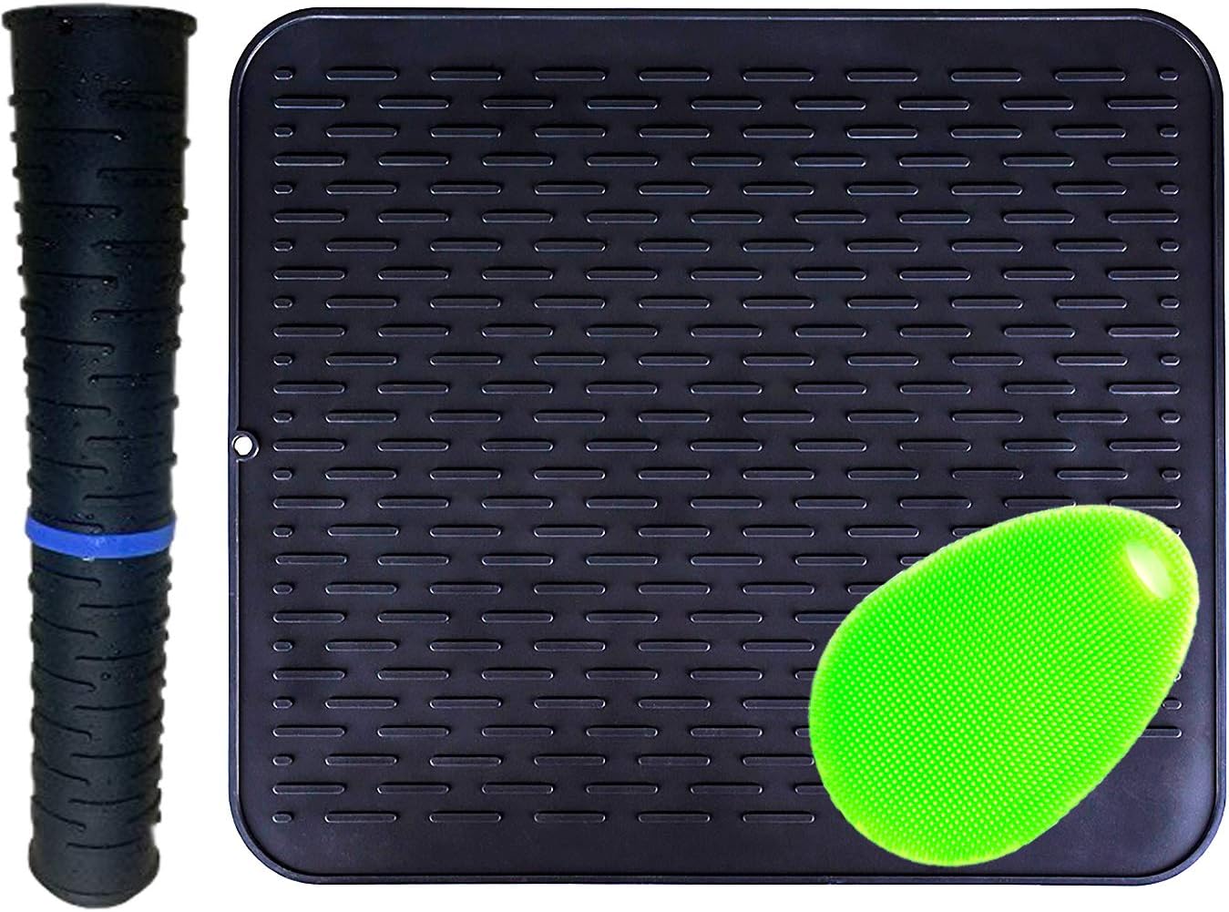 54x46cm Silicone Dish Drying Mat Draining Mat Boards Heat Insulation, with a silicone multi-functional Scrubber, Non-Slip(22x18inches black