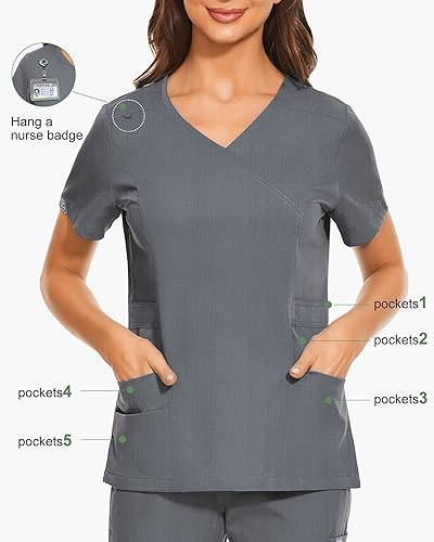 Miniatura 2 de VIAOLI Conjunto de uniforme médico para mujer, cuello en V, 5 bolsillos y pantalones deportivos con múltiples bolsillos para enfermería y trabajo