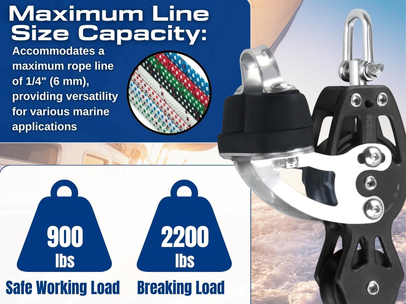 Blue Shark 2260-38 mm Single Swivel Fiddle Becket Adjustable Cam Aluminum Sailing Block - Max Line: 1/4” (6 mm), Safe Working Load (SWL): 900 lbs, Breaking Load: 2200 lbs (1-Pack)