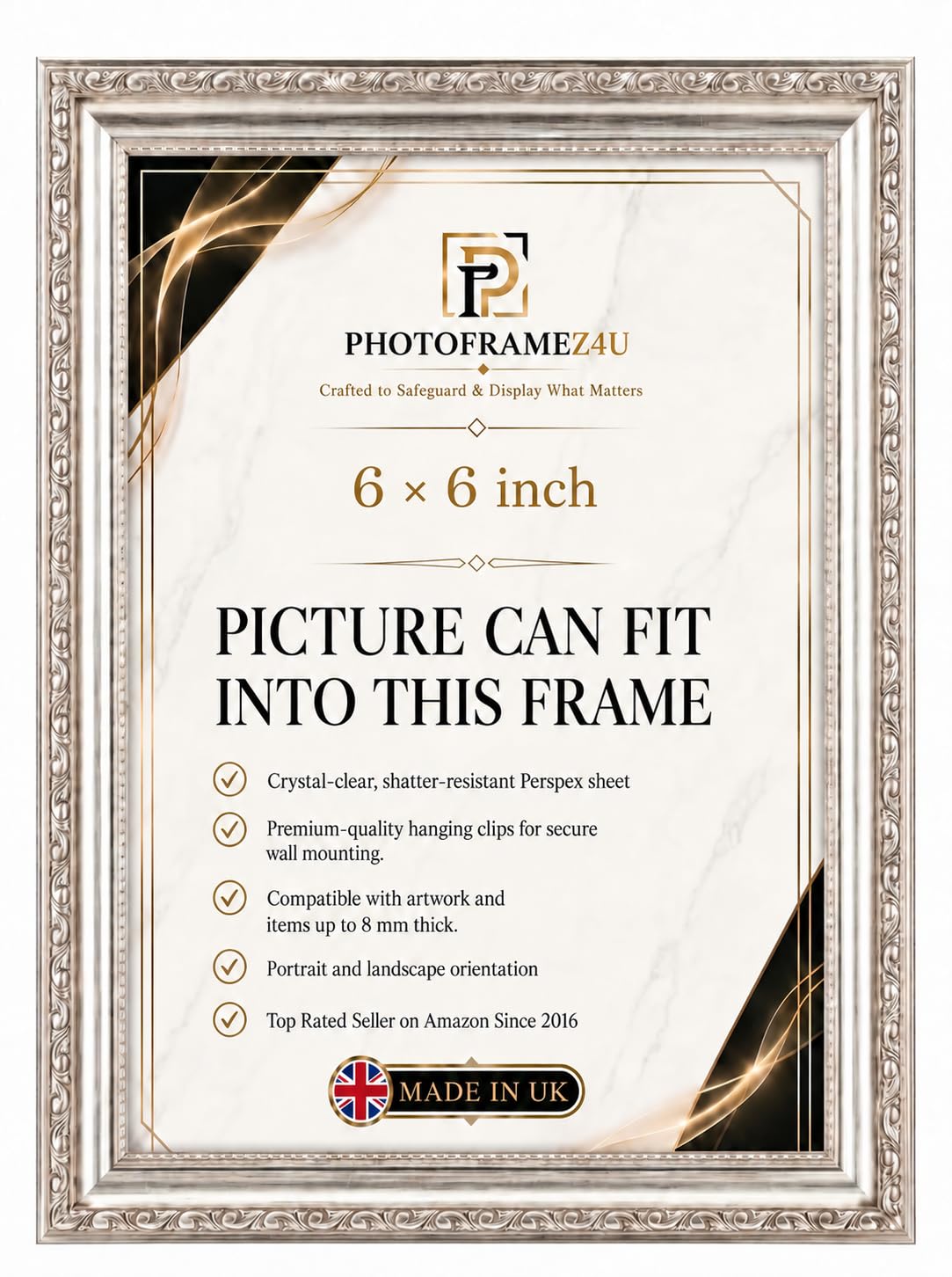 Ornate Silver picture frame for 6x6 inch Picture | Photo frame for wall hanging and tabletop | Perfect for Posters, Artwork and Jigsaw Puzzles. โ image 1