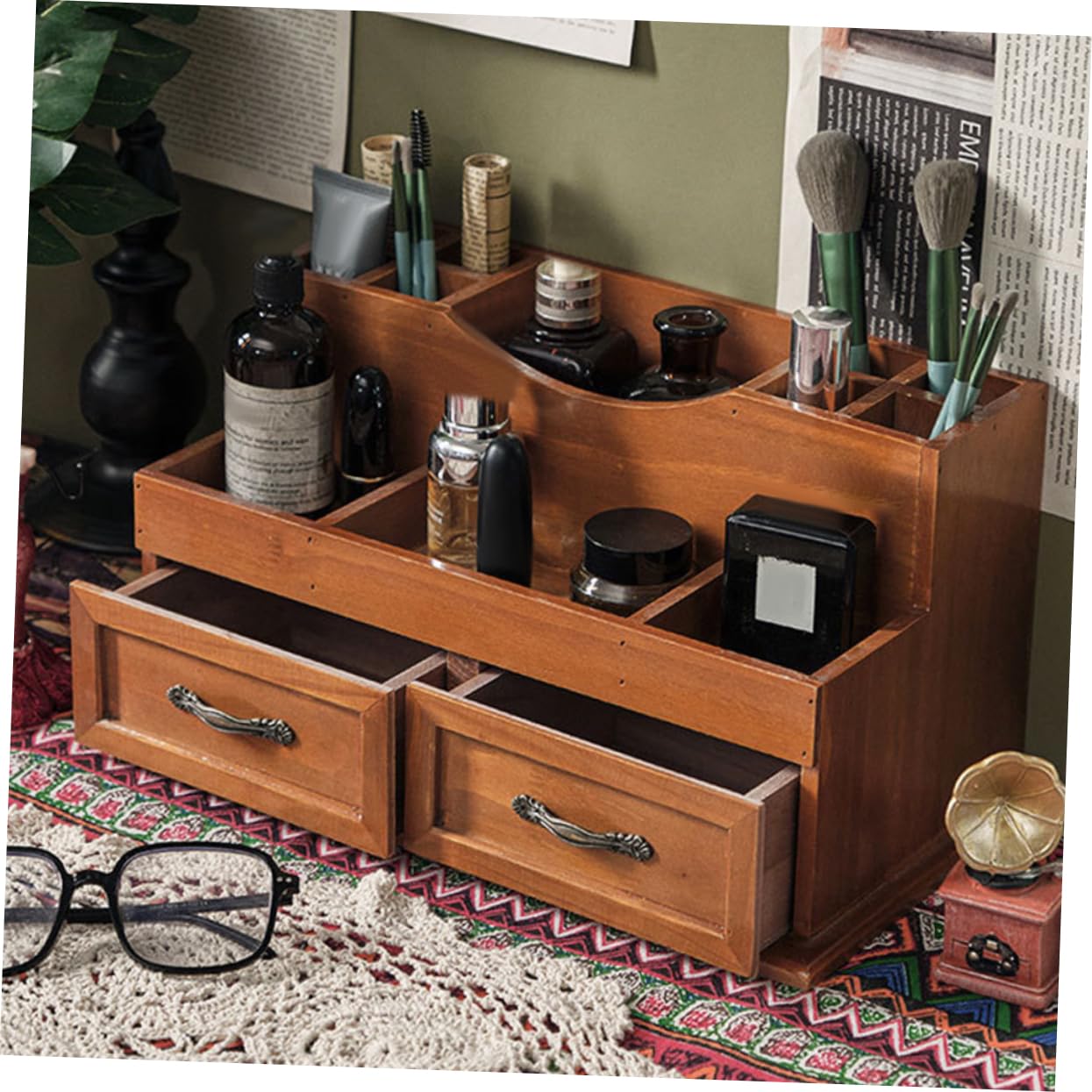 Organizer per Scrivania in Legno Stile Vintage Cassetti a 2 Scomparti, Grande Capacità e Multifunzionale per Gioielli e Cosmetici come Organizer da Scrivania