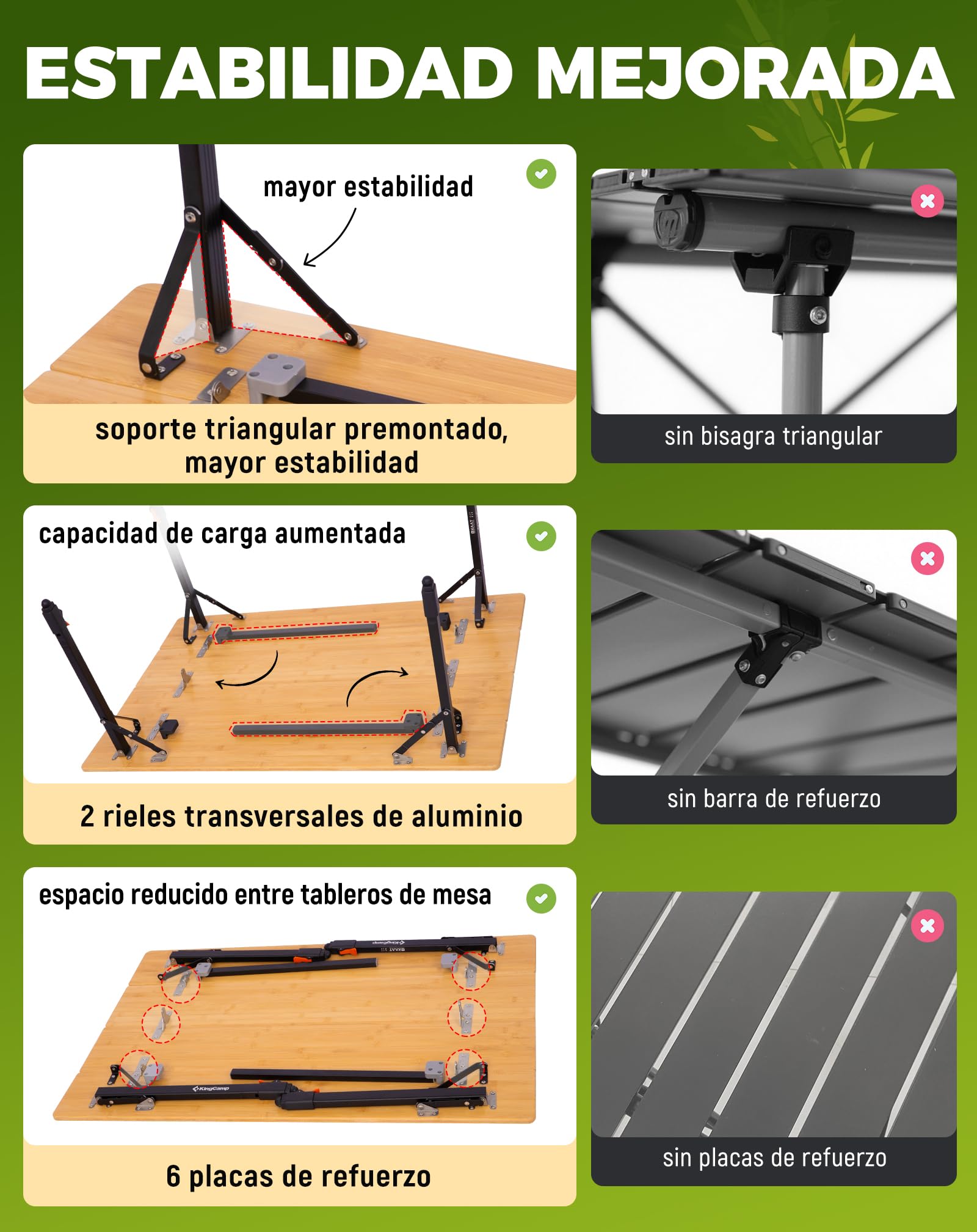 KingCamp Mesa de Camping Plegable de bambú Natural, Altura Ajustable (42-70 cm), Capacidad de Carga de 120 kg, Plegable Resistente para Camping, jardín y Picnic