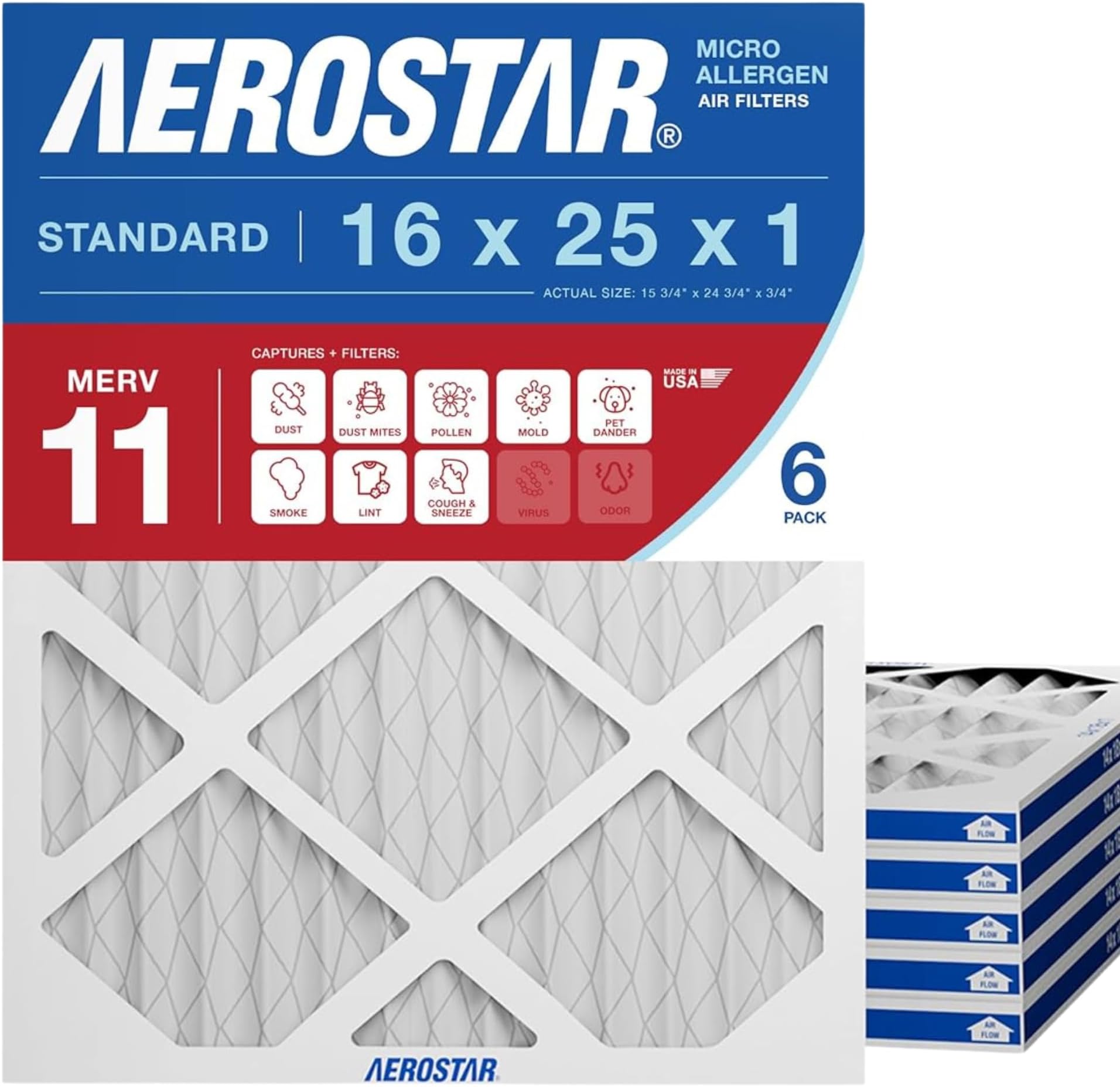 Aerostar 16x25x1 MERV 11 Pleated Air Filter, AC Furnace Air Filter, 6 Pack (Actual Size: 15 3/4"x 24 3/4" x 3/4")