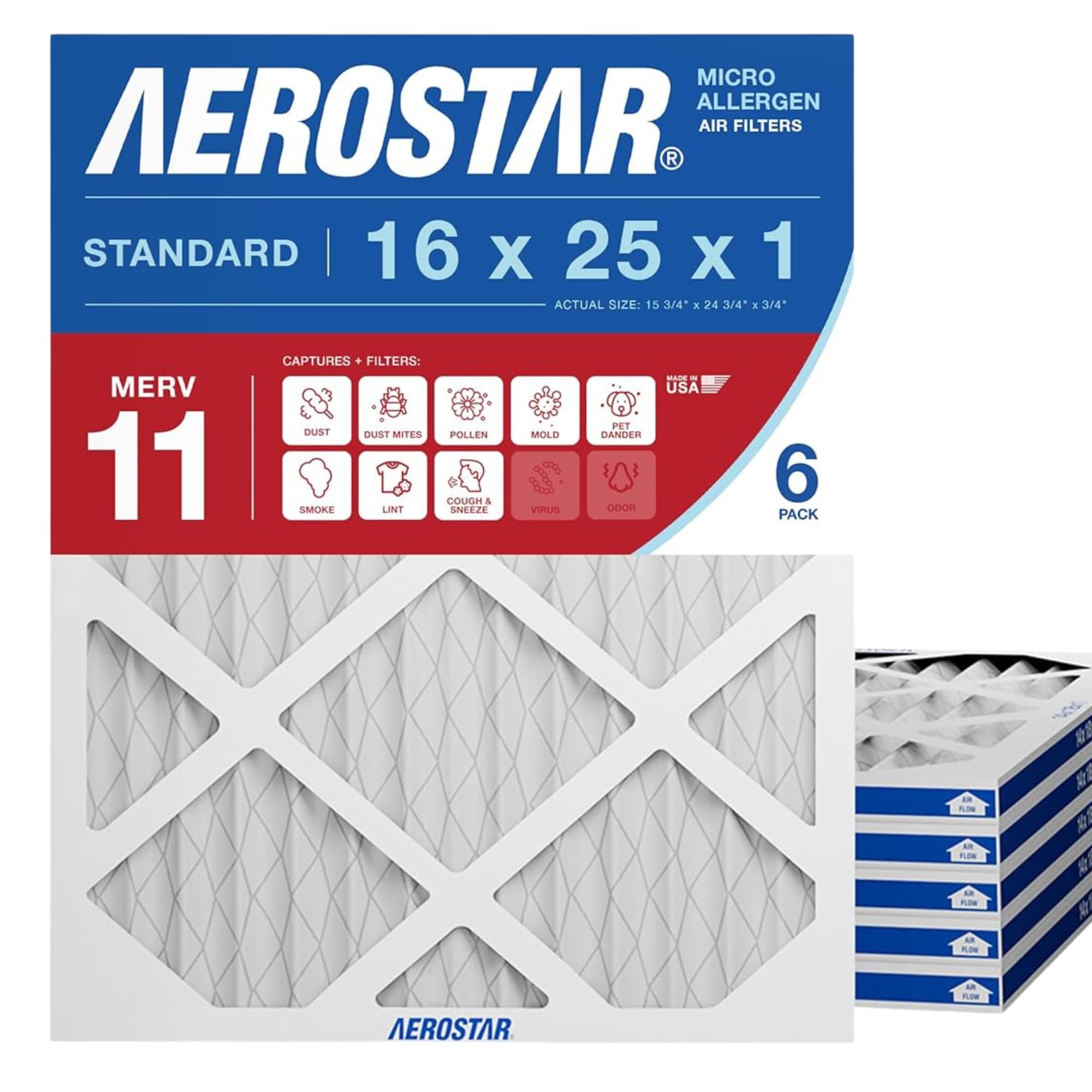 Aerostar 16x25x1 MERV 11 Pleated Air Filter, AC Furnace Air Filter, 6 Pack (Actual Size: 15 3/4"x 24 3/4" x 3/4")