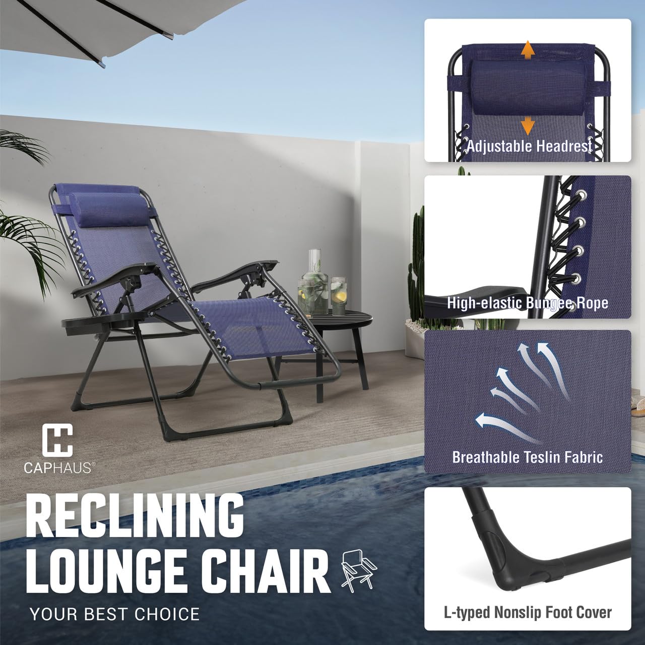 CAPHAUS Blue Zero Gravity - Silla reclinable de gravedad cero, silla de salón de gravedad cero, silla reclinable para exteriores, silla antigravedad para interiores y exteriores, silla reclinable