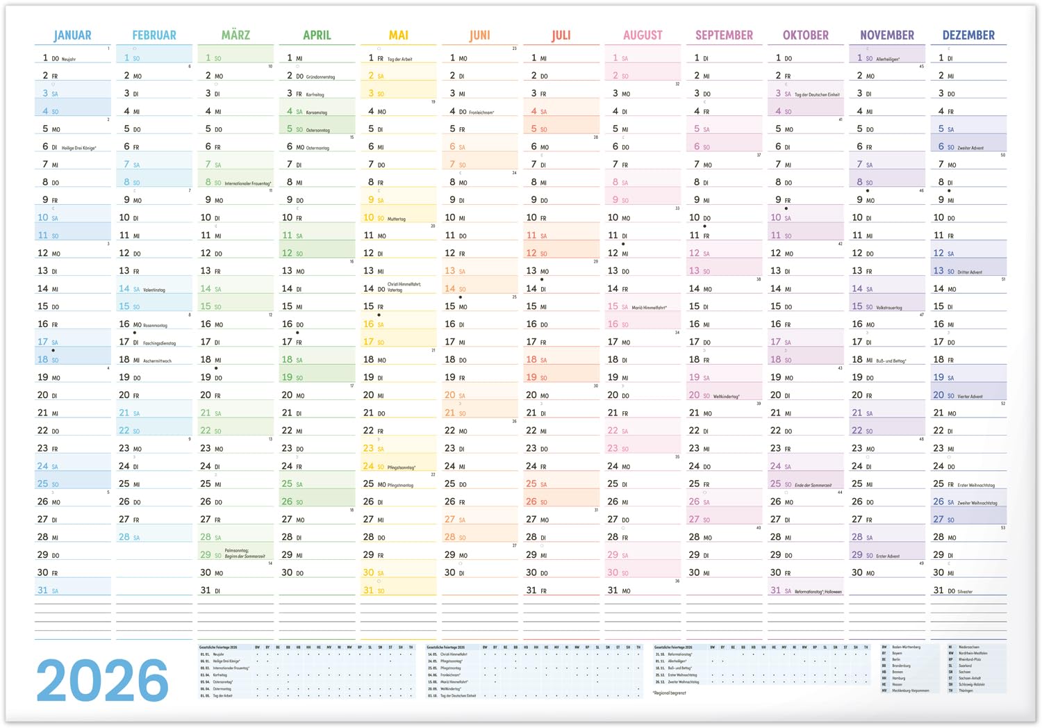 Jaarlijkse wandkalender 2026 - Droogwisplanner, jaarlijkse gelamineerde