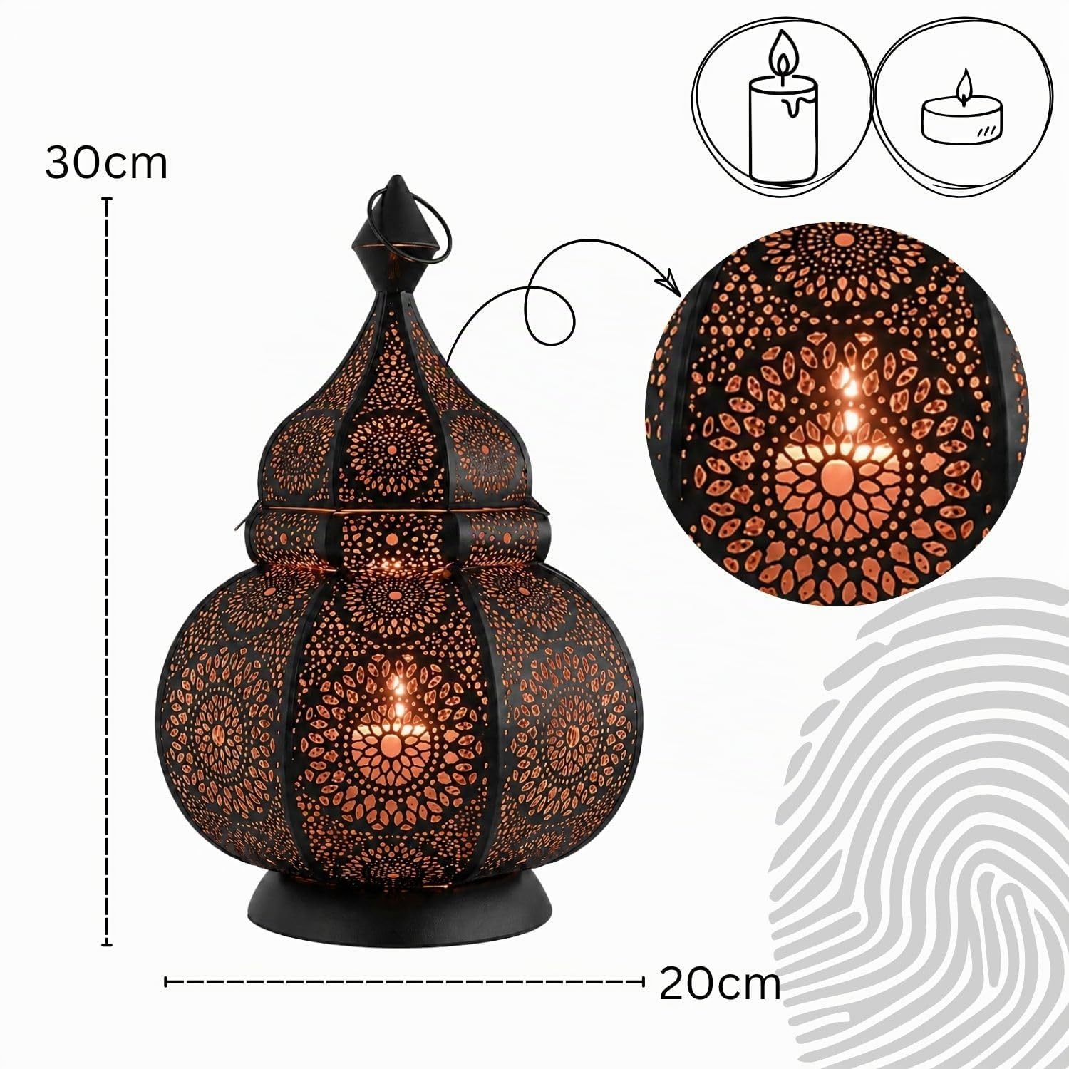 Farol portavelas Oriental de Metal - Candelabro para el jardín - Decorativo para la Mesa - Ziva Negro - transmite Buen Ambiente - Pasa un Buen rato en el jardín