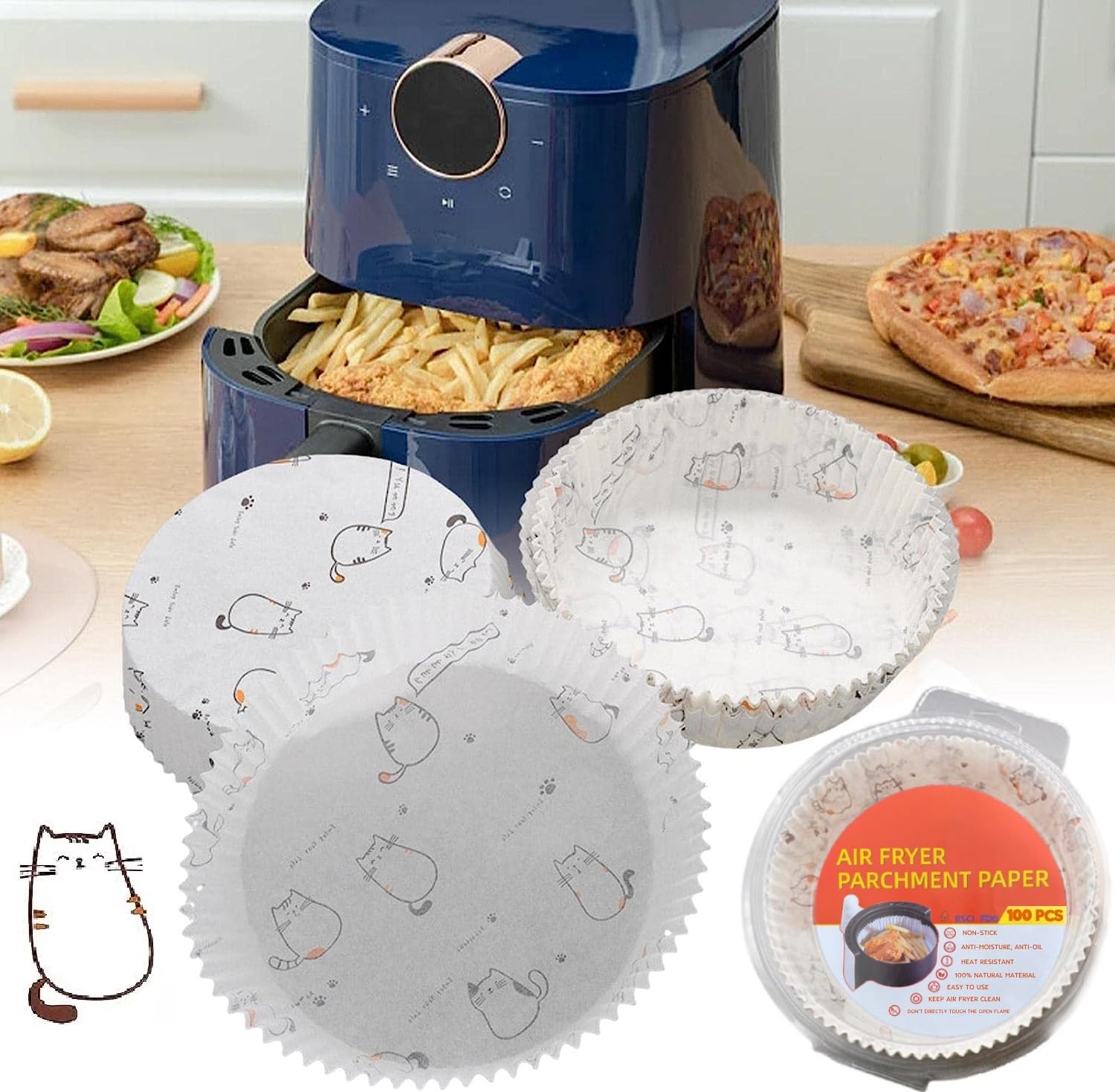 Air Fryer Paper Liners - 100Pcs - Non-stick Disposable Paper Liners for Microwave - Air Fryer Liners Round - Oil-proof, Water-proof - Food Grade Parchment baking Paper for Air Fryer (20cm/7.9in)
