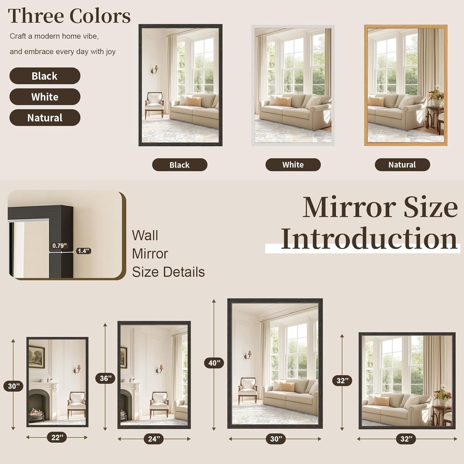 Syndra Black Wood Frame Bathroom Mirror, 22''x30'' Modern Vanity Mirror for Wall, Waterproof Slim Deep Frame, Rectangular HD Tempered Glass Mirror for Living Room, Bedroom, Entryway, Rustic, Farmhouse