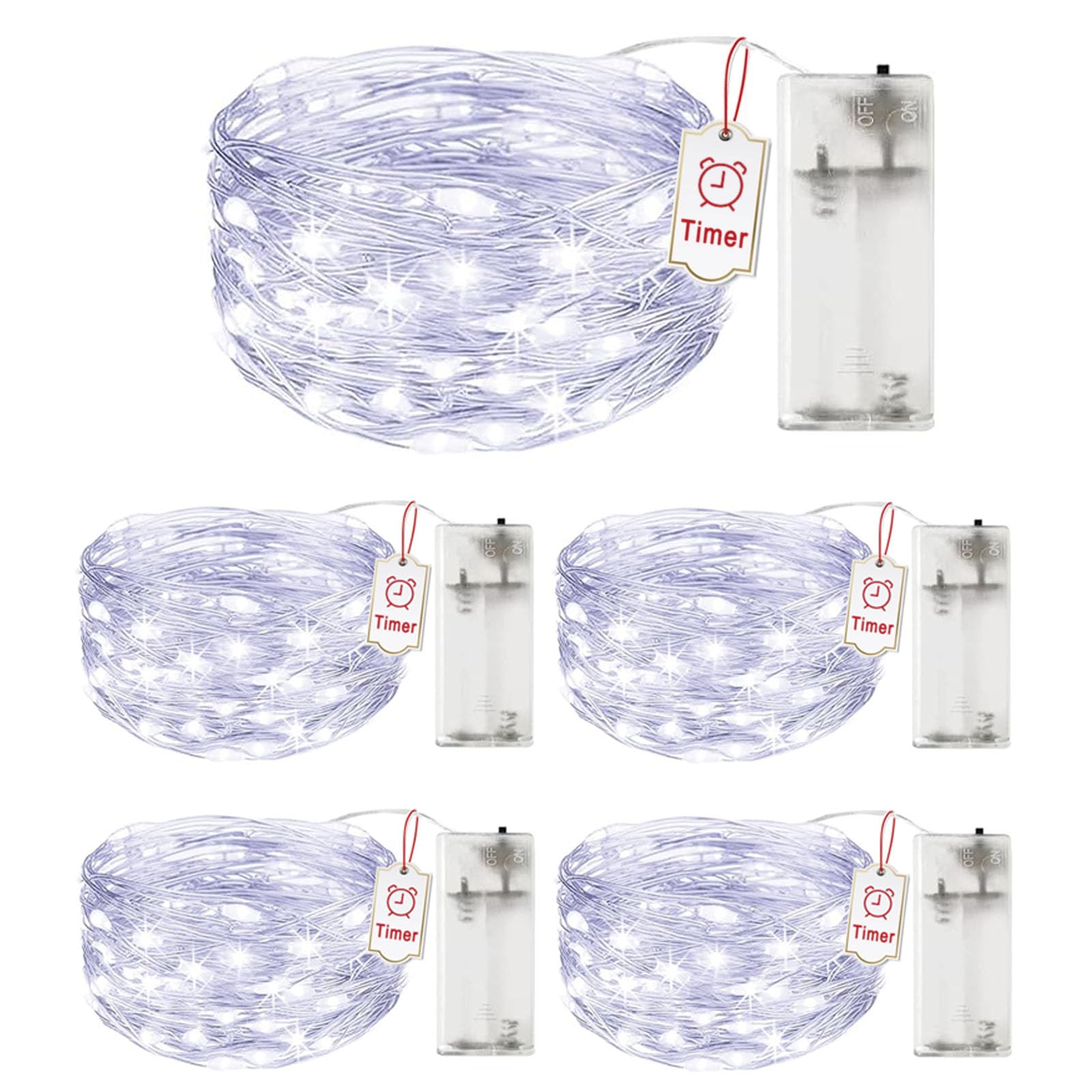 5 Stück LED Lichterkette mit Timer, 2M 20LED Lichterketten Kaltweiß | Lichterketten Batterie, IP65 Wasserdicht Draht Lichterkette für Innen/Außen, Weihnachten, Hochzeit, Party Deko