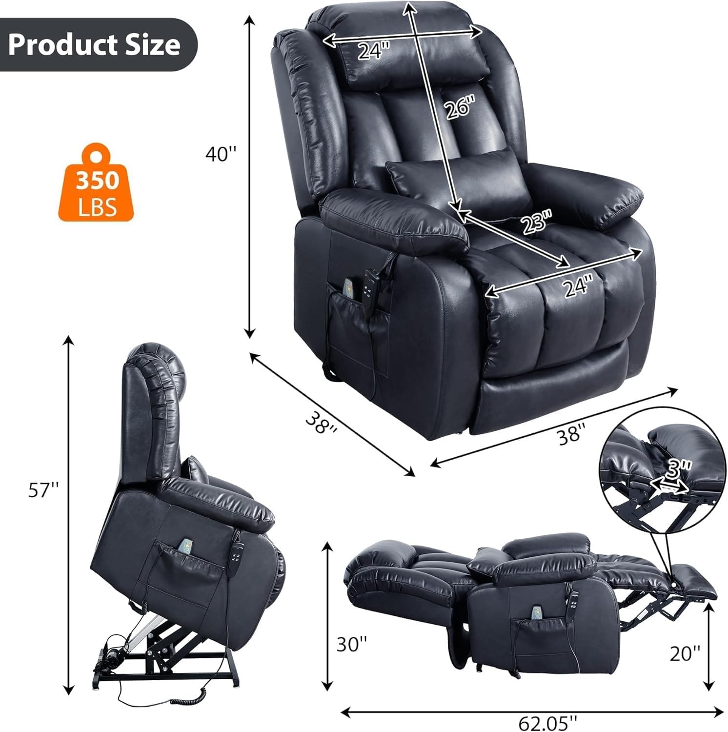 Electric Power Lift Recliner Chair for Elderly with Massage Heat and 2 Remote Controls Faux Leather Lift Chair with Side Pockets and USB Ports for Living Room Comfort