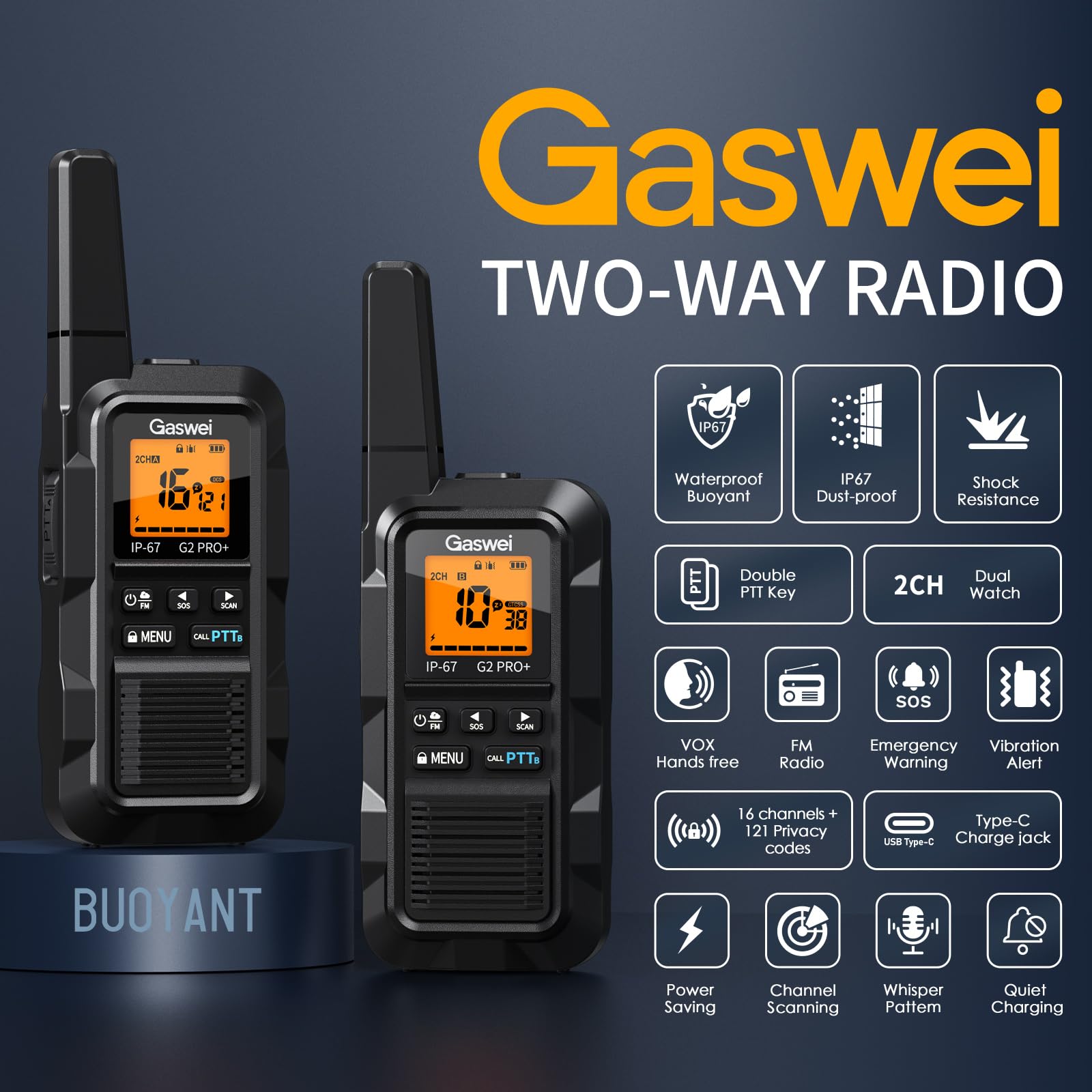 Gaswei G2Pro Professional 2-Way Radios for Adults [2 Pack] | IP67 Waterproof & Floatable Walkie Talkies with Dual PTT, SOS Alarm, FM Radio | Long Range Rechargeable — view 2