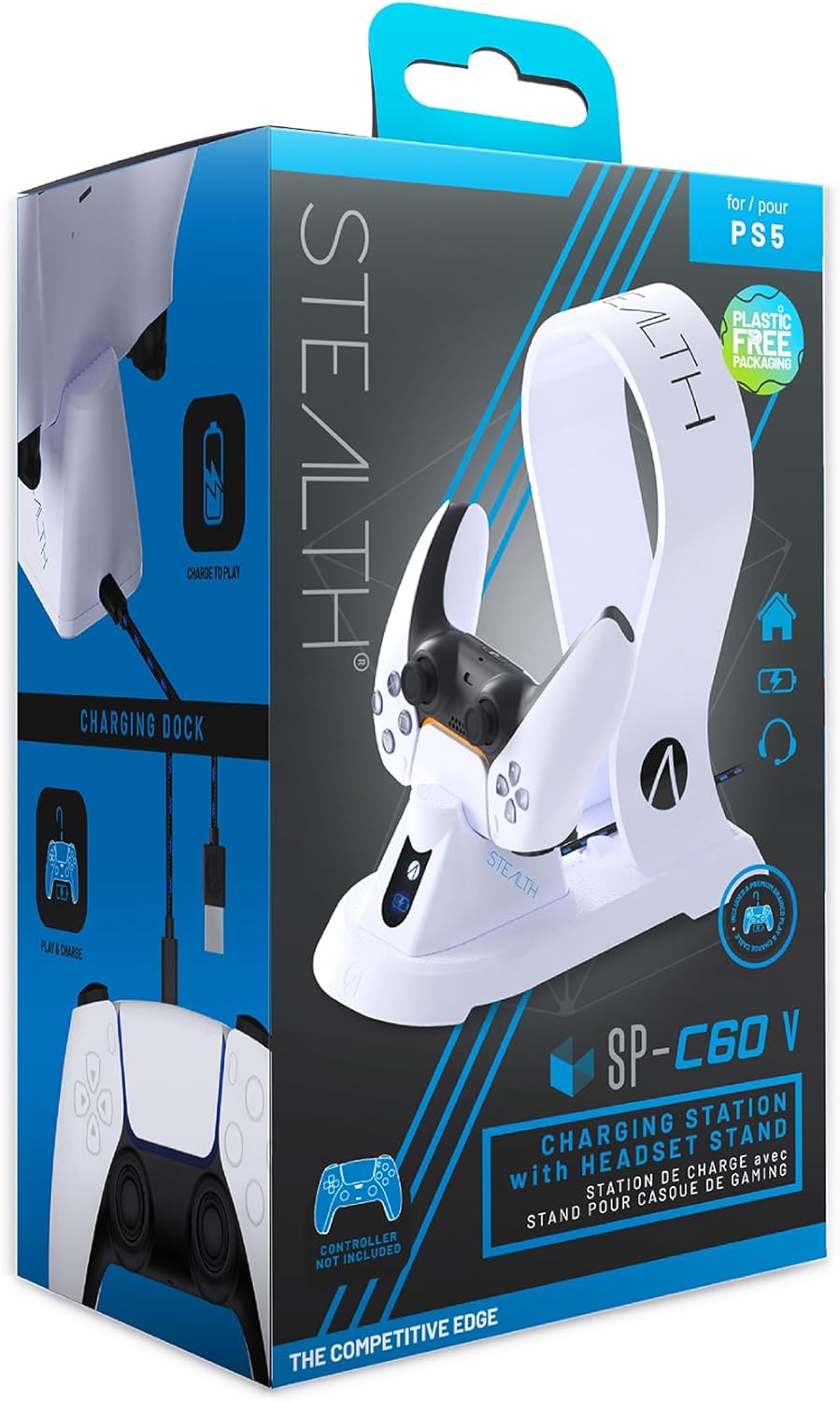 Stealth SP-C60 V White Charging Station with Headset Stand for PS5 Includes 2M Premium Braided Play and Charge Cable Stealth SP-C60 V White Charging Station with Headset Stand for PS5 Includes 2M Premium Braided Play and Charge Cable