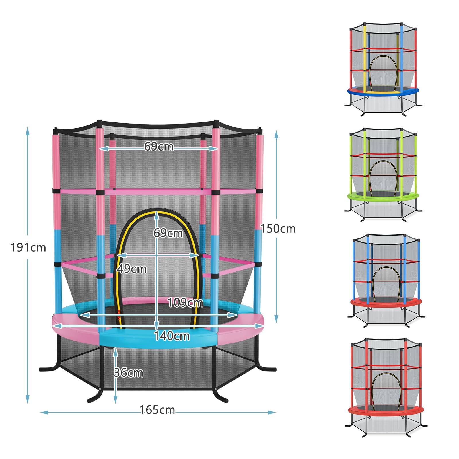 LIFEZEAL Trampolino Elastico per Bambini, per Interno, Esterno, Giardino, con Rete di Sicurezza, Tappeto Protettivo, Telaio in Acciaio, Salta, Jump, Regalo, Max 135kg