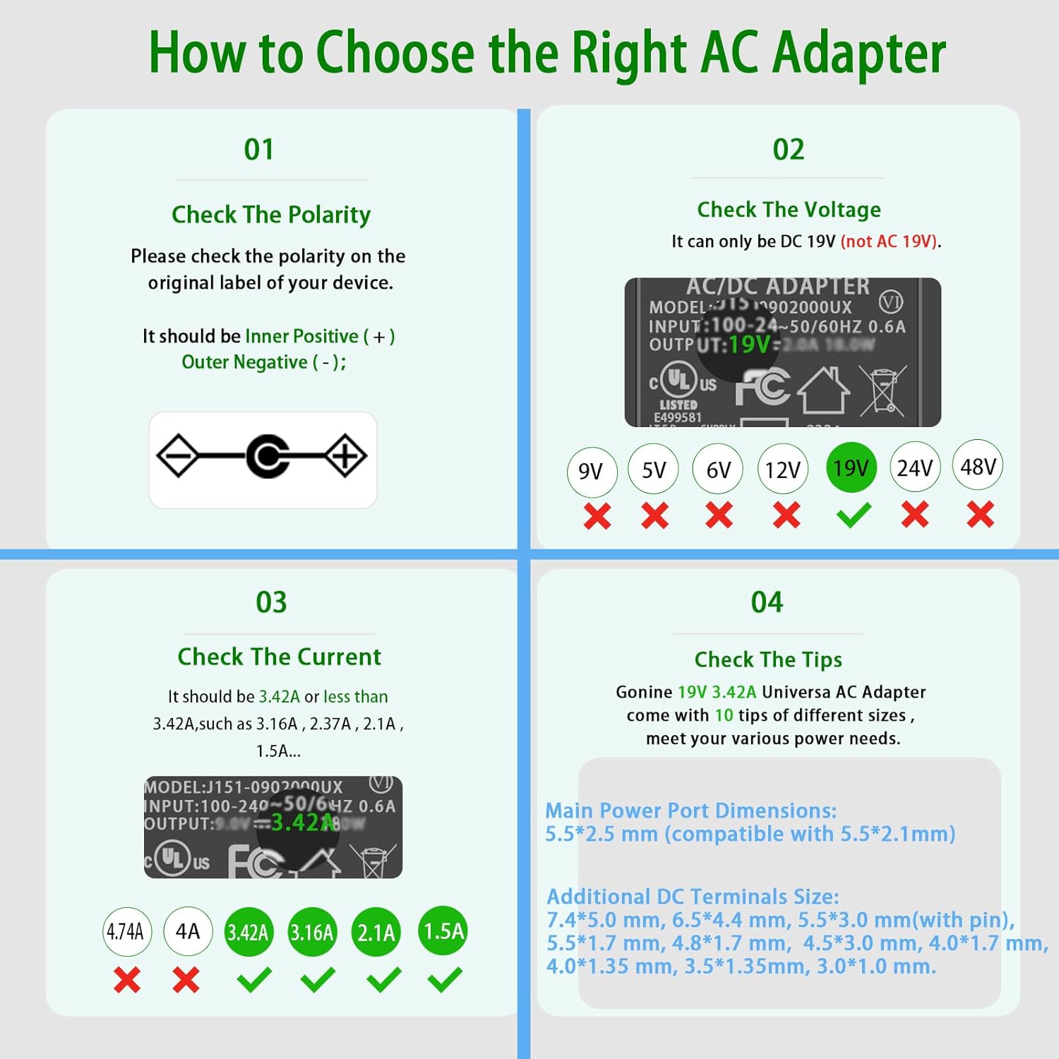 Gonine 19V Laptop Charger, DC 19V 3.42A Power Supply Cord, 19Vdc 65W 60W 45W AC to DC Power Adapter Compatible for 19Volt Gateway Toshiba Acer Laptop, JBL Speaker, Samsung LG LCD Monitor. image 3 of 9 B07W82QCZ1