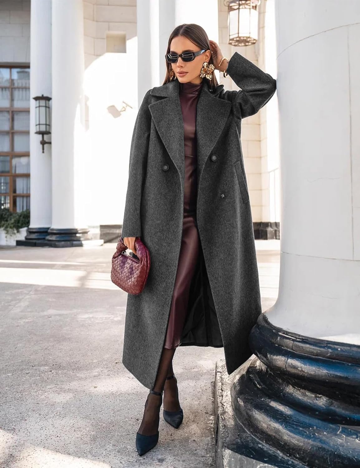 Kissonic Womens Long Pea Coat Winter Double Breasted Oversized Trench Coat Notch Lapel Overcoat Causal Dress Coat - Image 4