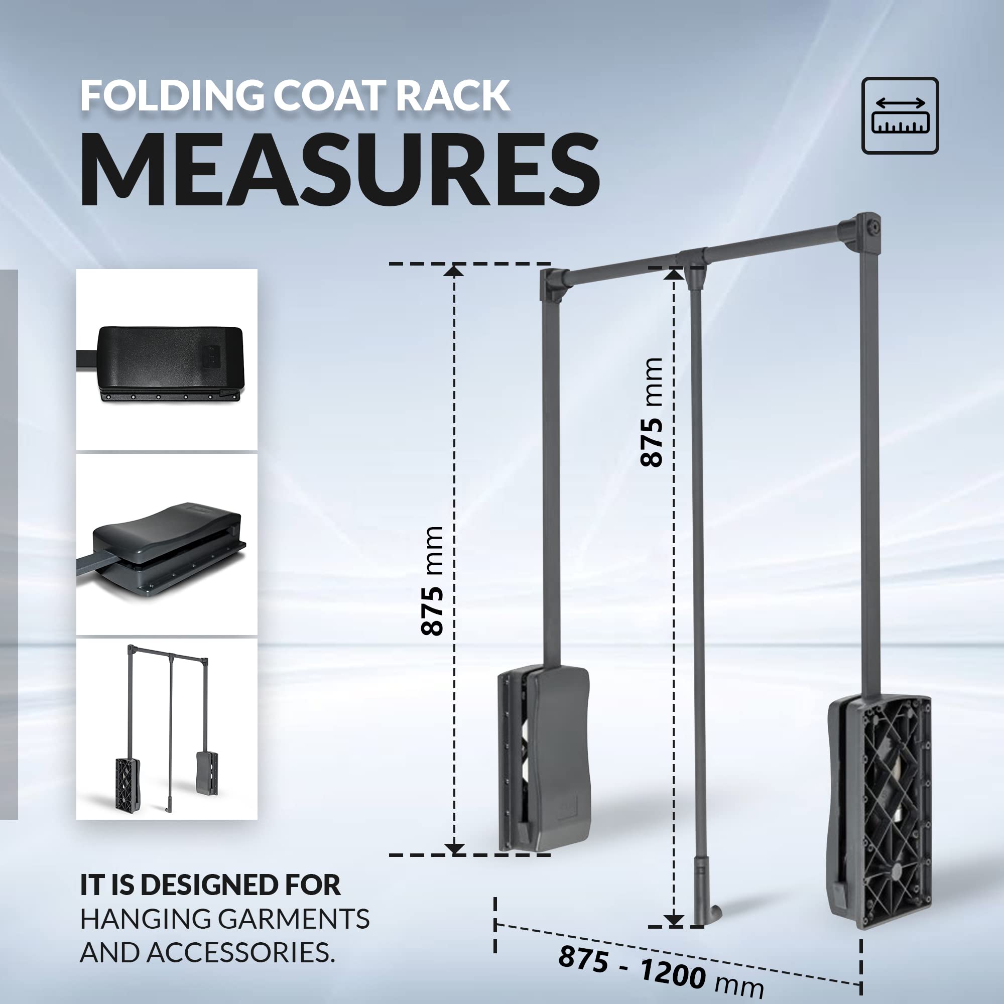 DOJA Barcelona | Klappbarer Kleiderlift | 875-1200mm | Schwarz | Garderobenlift für Garderobe, Schrank, Ankleidezimmer | Wardrobe lift | Garderobenstange für Mäntel, Kleider...