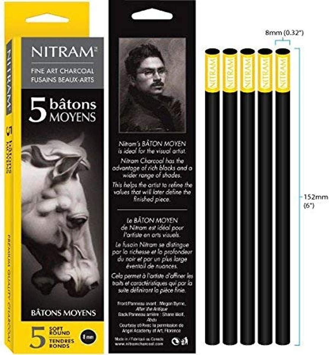 Nitram Charcoal X-Soft 8Mm Round Sticks 5/Pk,Black,8 mm