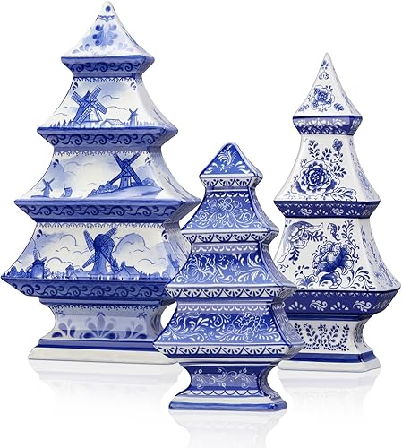 Soaoo 3 piezas de figuras de cerámica de árbol de Navidad azul y blanco pequeño chinoiserie porcelana decoración de árbol de Navidad mini chic árbol