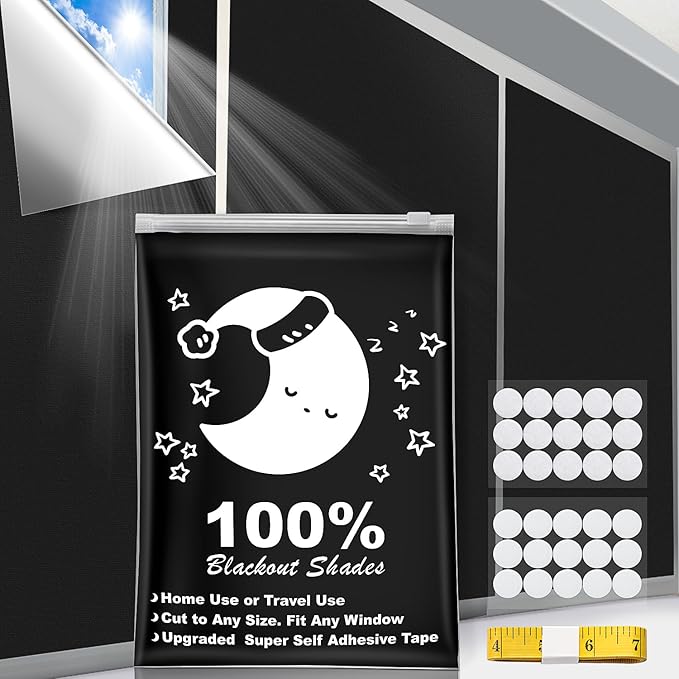 Portable Blackout Curtains (79" x 57"), 100% Portable Blackout Blinds with 15 Pair Hook & Loop Tabs Stick-on, Temporary Shades for Baby/Travelers/Bedroom