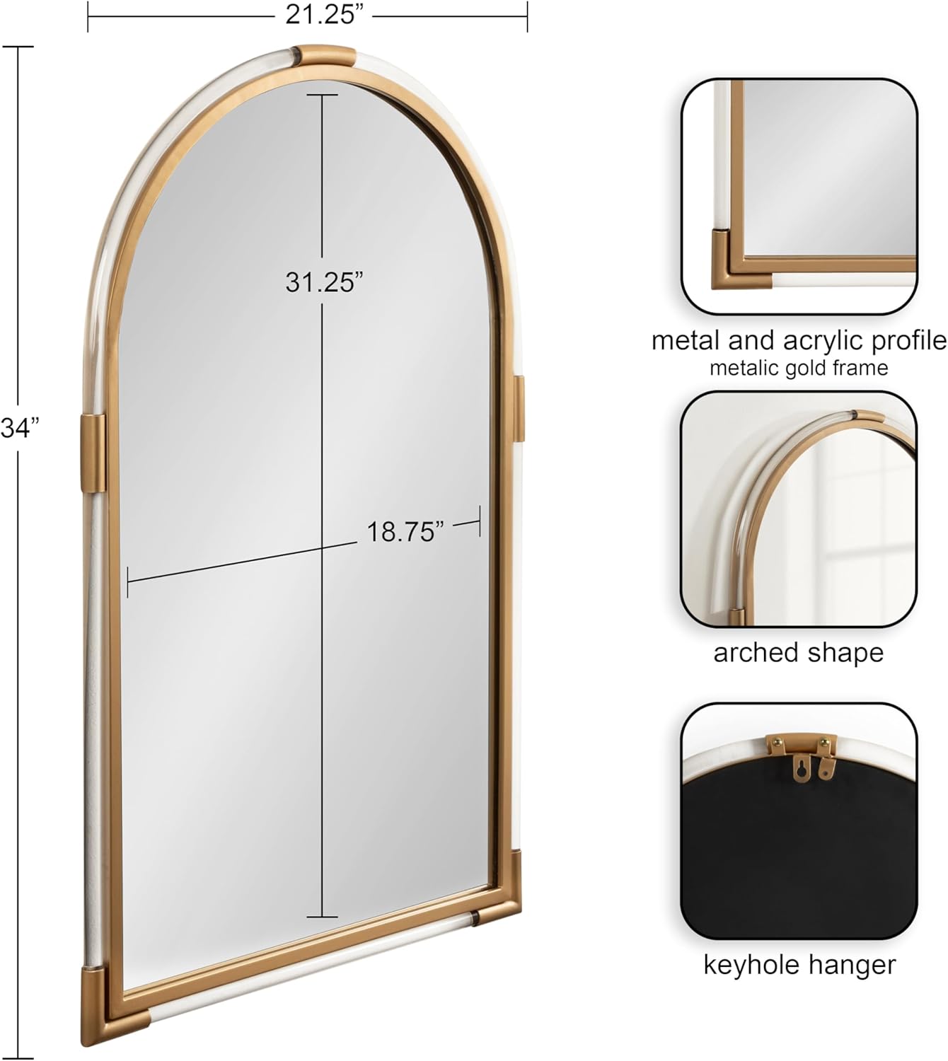 Kate and Laurel Arceo Modern Glam Acrylic Arch Mirror; 22 x 34; Gold; Arched Mirror Decor with Metal Detailing for Use as Bathroom Vanity Mirror Above Sink