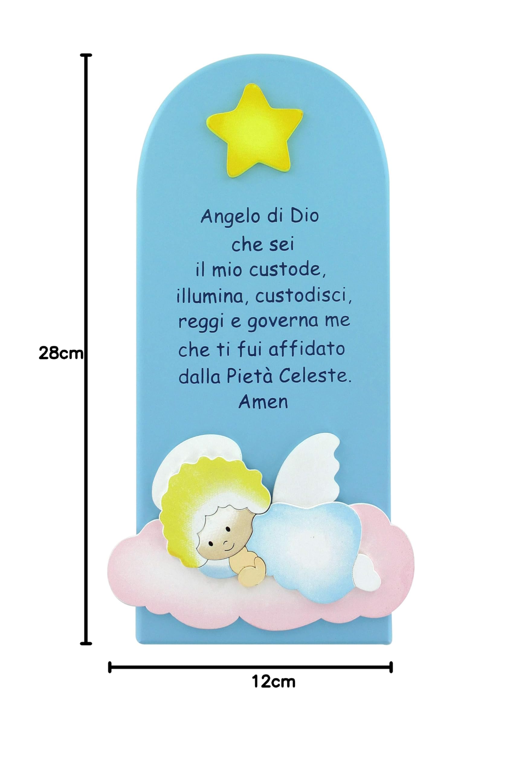 Ferrari & Arrighetti Quadretto per Bimbi, Quadro con Preghiera Angelo di Dio in Legno Colorato Azzurro da Appendere al Muro/Parete, Idea Regalo per Bambini, 28 x 12 Cm