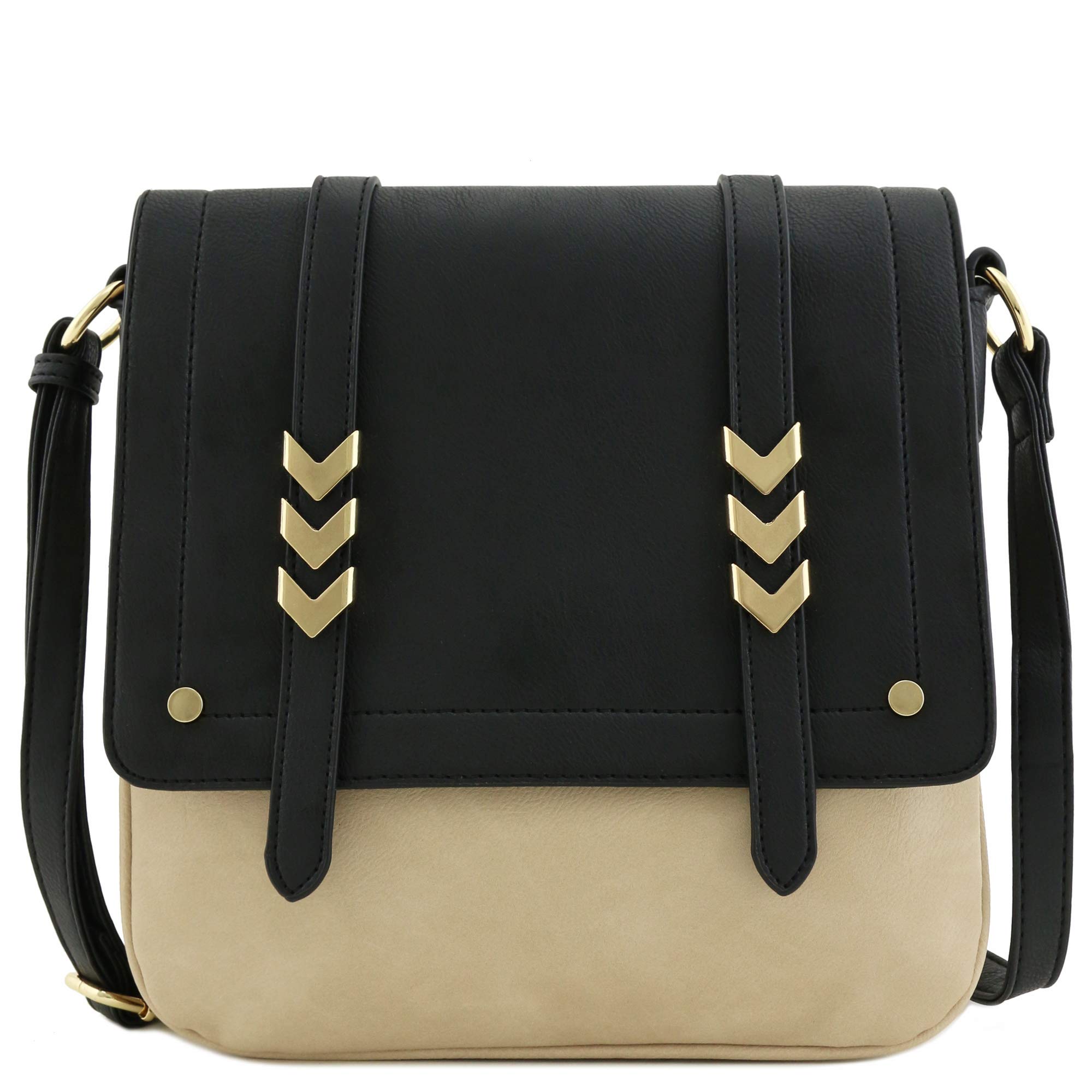 Double Compartment Large Flapover Crossbody Bag, Black/Dusty Beige, One size