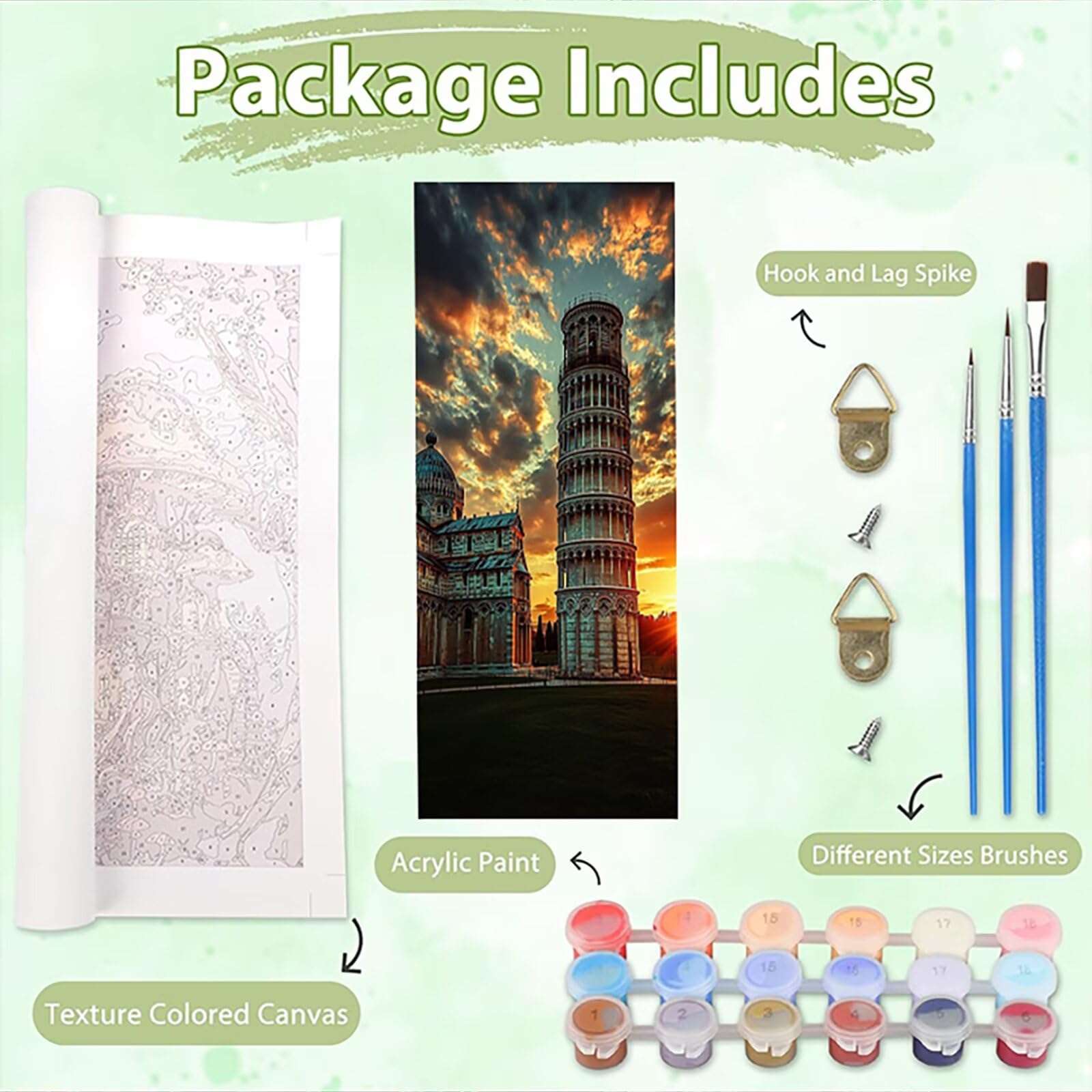 Malen Nach Zahlen 50x150cm Leinwand Pisa Schrägturm Malen Nach Zahlen Erwachsene mit Ohne Rahmen, DIY Kreativ Set für Erwachsene mit Pinseln und Acrylfarbe, Landschaft Landschaft Geschenk, P0M-1004