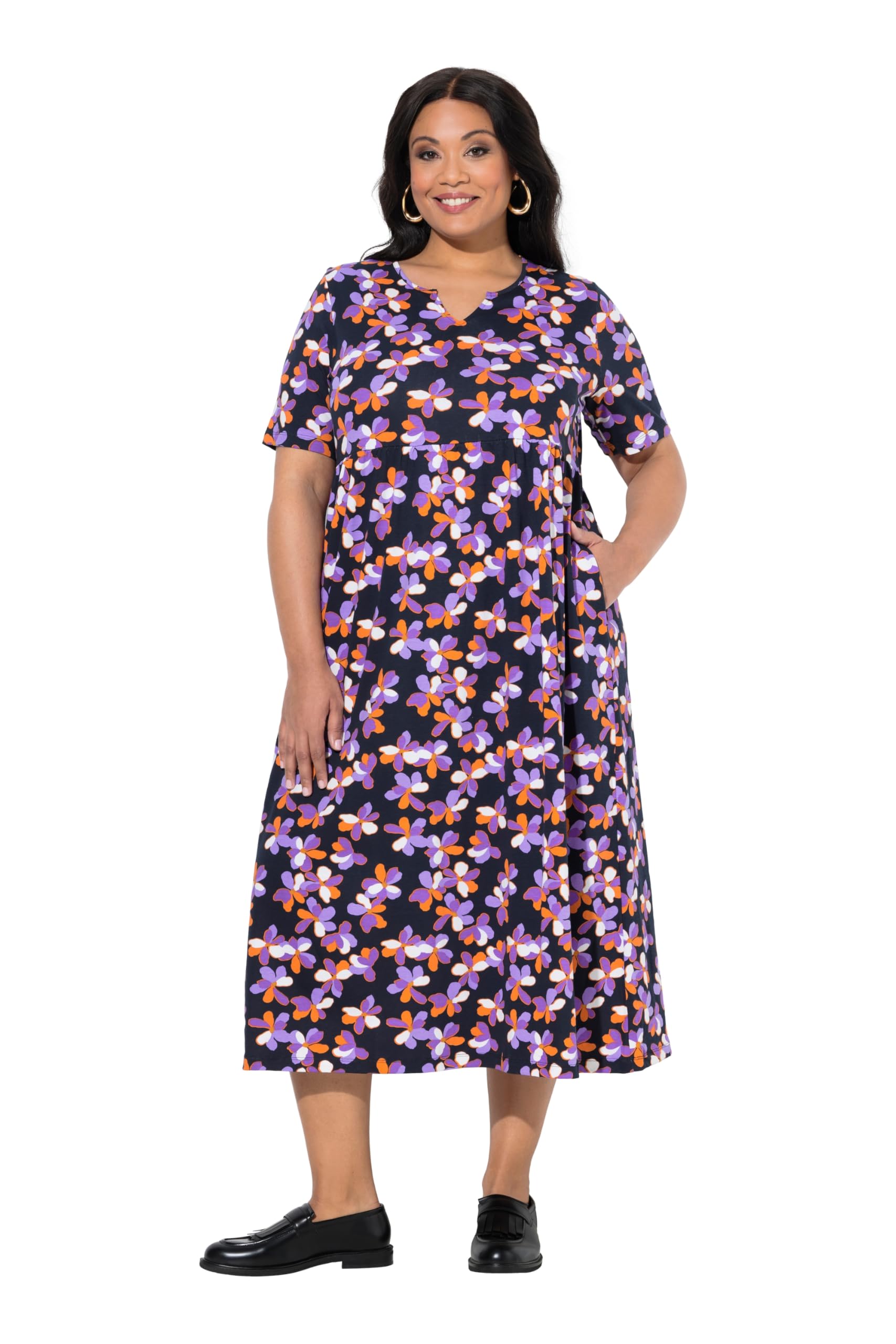 Ulla Popken Damen große Größen Übergrößen Plus Size Maxikleid, A-Linie, Tunika-Ausschnitt, Halbarm, Taschen 849486