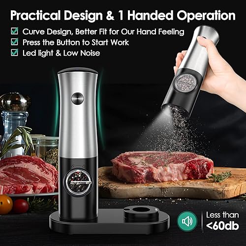 Miniatura 5 de Juego de molinillo eléctrico de sal y pimienta, batería integrada recargable, soporte colgable, fácil de llevar, operación con una sola mano, juego