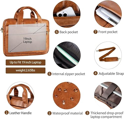 Miniatura 26 de Bolsa de mensajero para hombre de 17.3 pulgadas de lona/cuero para portátil, mochila para hombre, maletín para computadora, bolsa de hombro Marrón