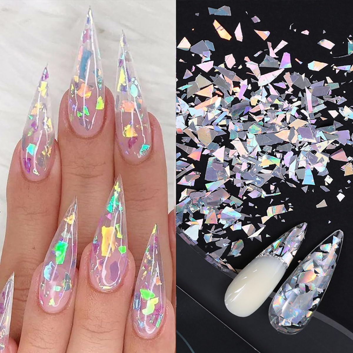 Reflective Nail Powder,Sparkling Diamond Glitter for Nails Iridescent Sequins,Aurora Laser Silver Glitter Holographic,Nail Art Decoration for Women