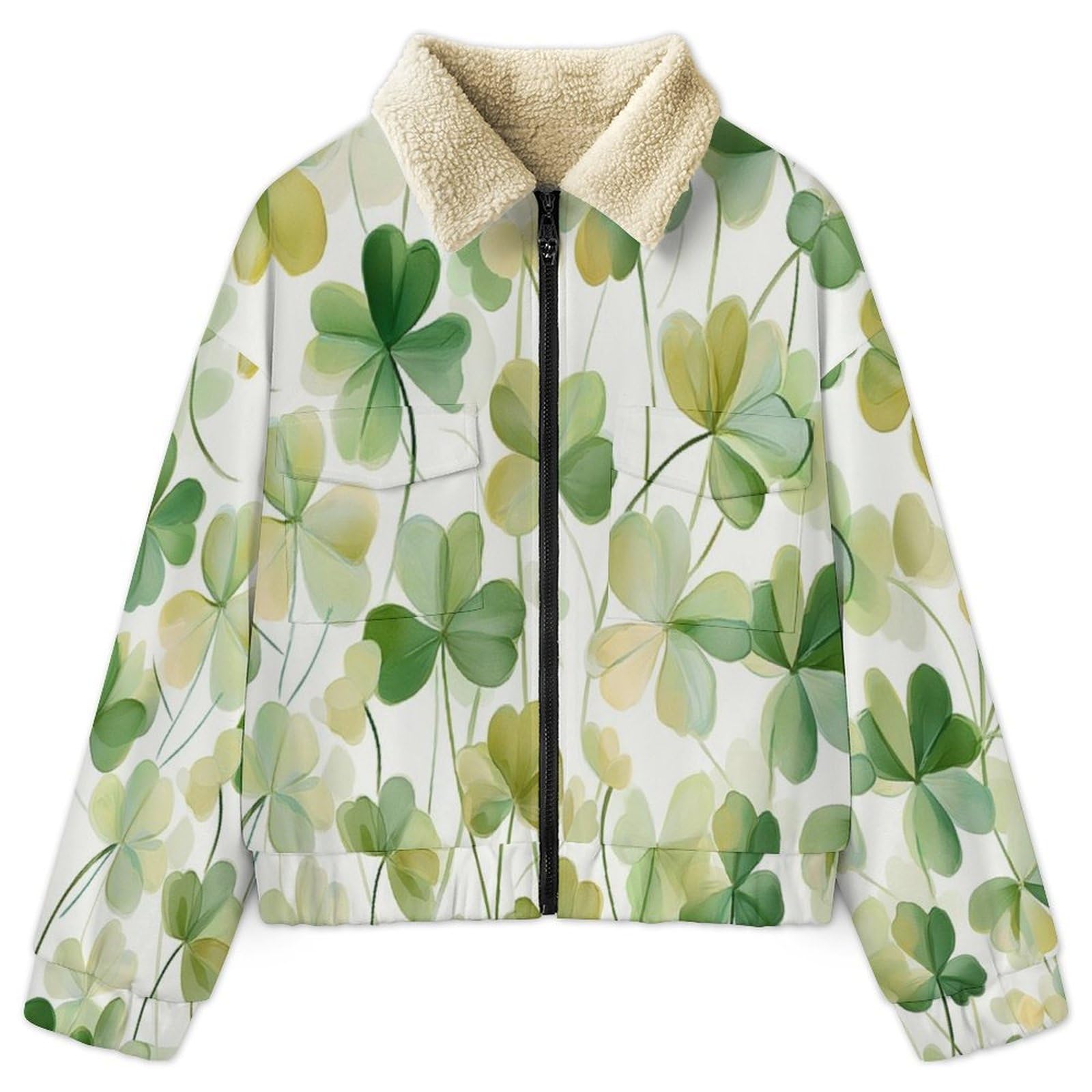 Giacca da Donna Pile con Zip, Giacche Giacca Trifoglio Teddy Versione, Loose del pianta Cappotto a Maniche Lunghe Autunno e Inverno Caldo Cappotto