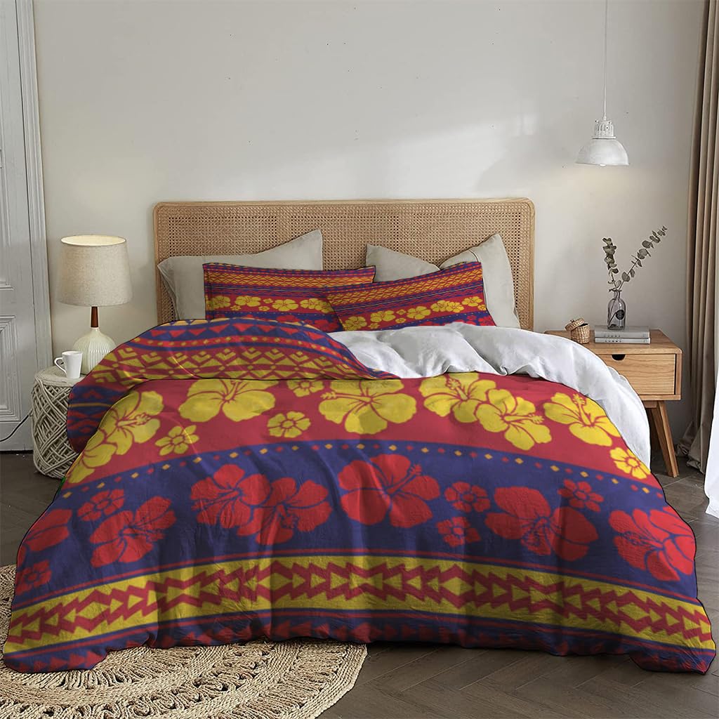 NIBAINLO 布団カバーハワイアンハイビスカスの花柄 - 赤、紺、黄色のパターン 肌に優しい ピーチスキン加工 掛け布団カバー 和式 洋式 あったか 布団カバーセット リバーシブル ホームステイ ホテル 家庭兼用