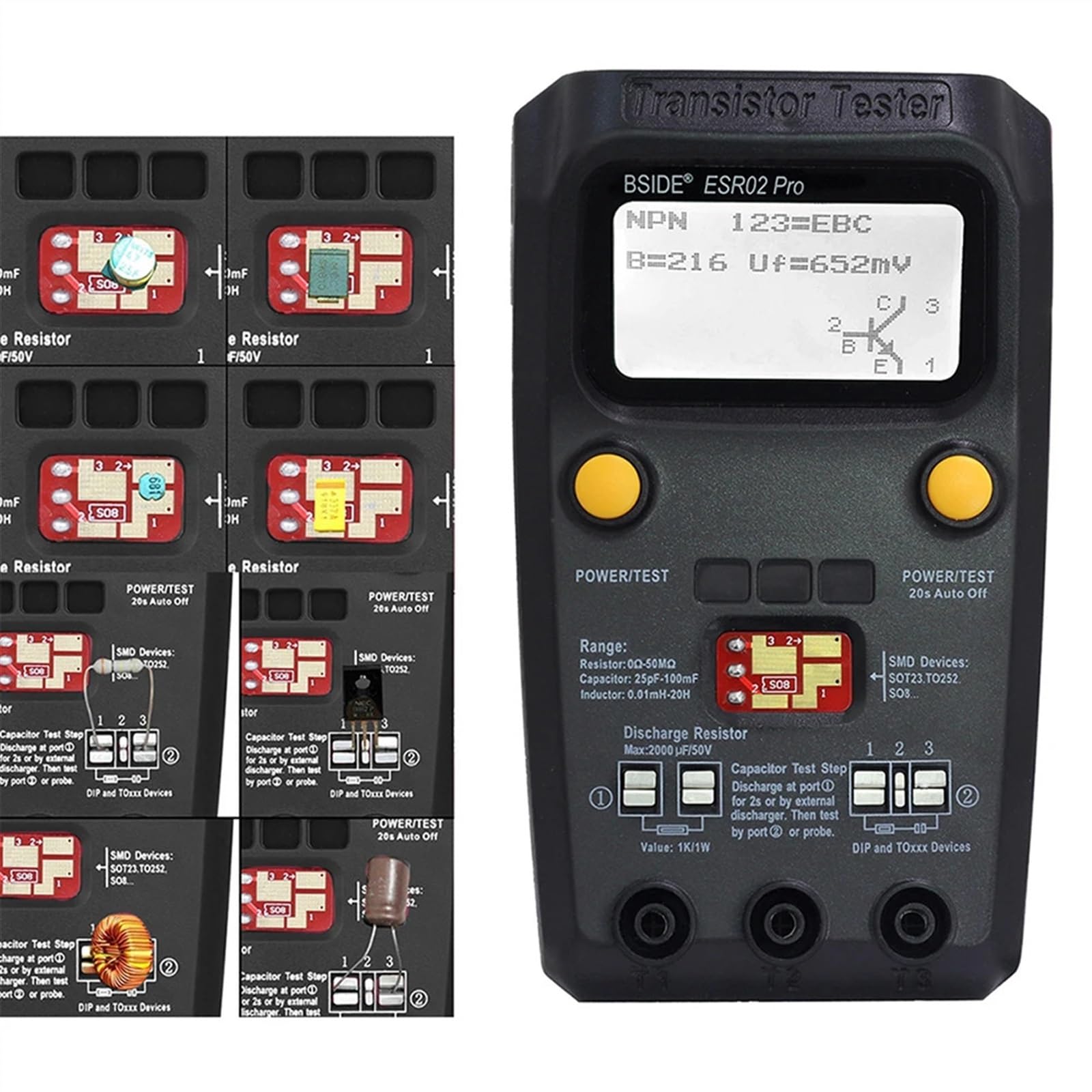 Multiuso Transistor ESR/SMD Tester ESR02pro Smart Diodo Triodo Capacità Resistore Meter Misuratore LCD Test MOS/PNP/NPN(ESR02PRO-Test clip)