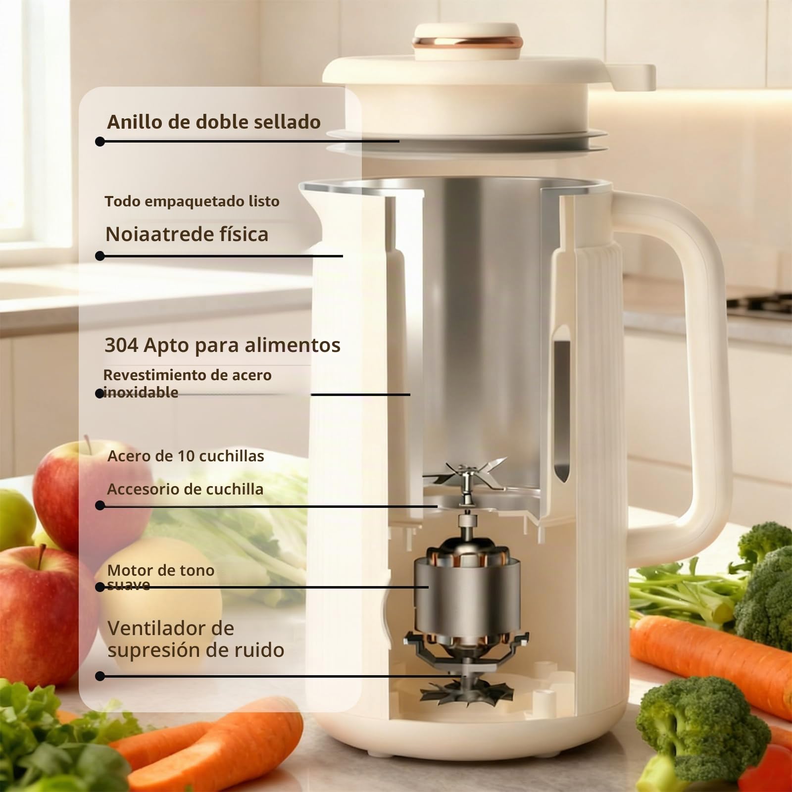 Máquina de Leche de Soja de 1200 ml, Fabricadora de Leche de Nueces y Soja con 10 Cuchillas, 8 Menús, Seguridad Infantil con Apagado Automático & Autolimpieza, Incluye Recetas para Leche Vegetal DIY
