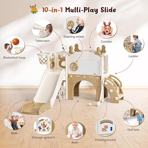 Vista 56 de Tobogán interior para niños pequeños, 8 en 1, para niños de 1 a 3 años, juego con escalador, aro de baloncesto, túnel y espacio de almacenamiento