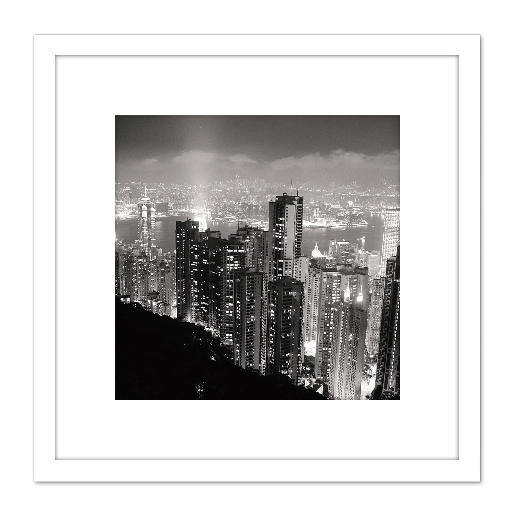Artery8 Black White Hong Kong City Skyscrapers Photo 8X8 Inch Square Wooden Framed Wall Art Print Picture with Mount