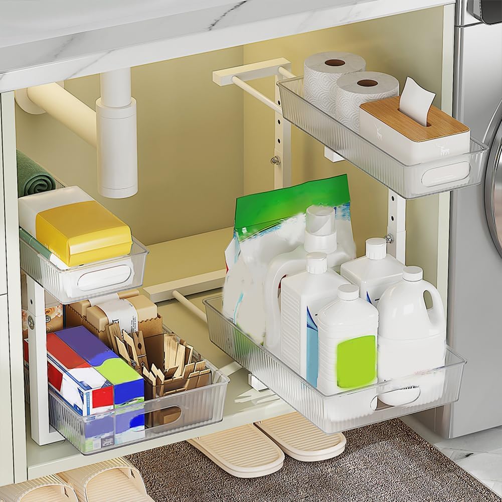 Under Sink Organizer, Adjustable Height 2 Tier Pull Out Cabinet Organizer, Thickened Metal Slide Out Under Sink Storage for Kitchen Bathroom Laundry Pantry – White, 2-Pack