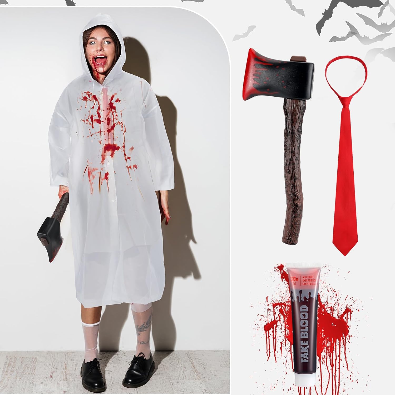 7 Pcs Halloween Psycho Killer Costume Accessories Horror Blood Raincoat Poncho Axe Ties Fake Blood Gel and Sponge for Halloween Cosplay Party