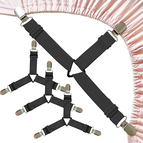 Bed Sheet Straps, Upgrade Fitted Bed Sheet Holders for Corners, Non Slip Sheet Clips Black 4Pcs