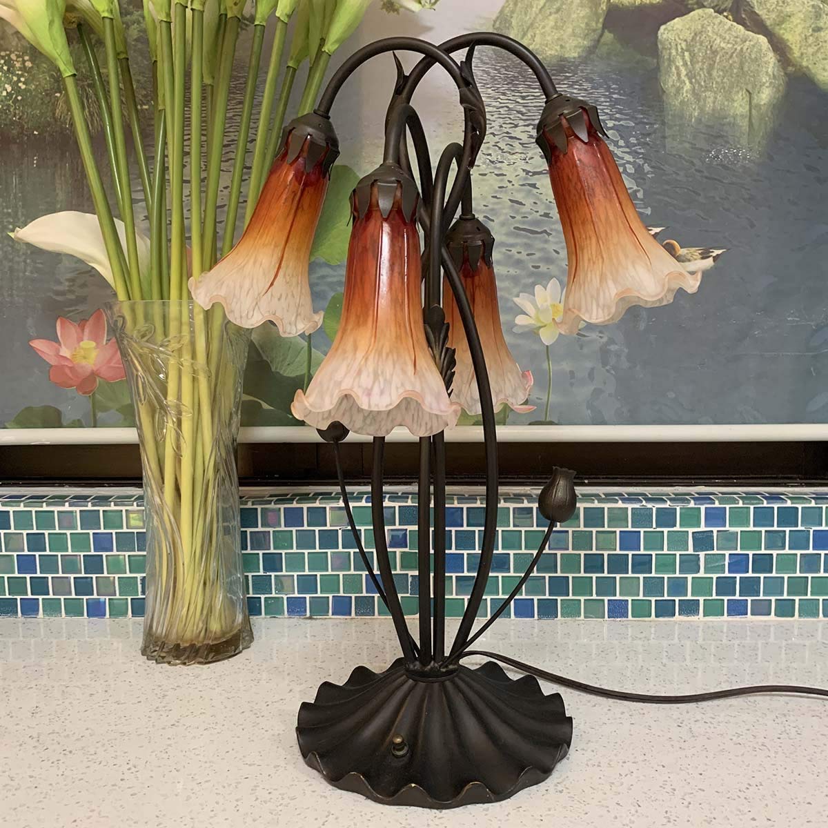 Bieye L30699 Tischlampe mit Lilienblume, geblasenem Glas, Akzent-Tischlampe für Wohnzimmer, Schlafzimmer, Dekoration (Orange, 4 Licht)