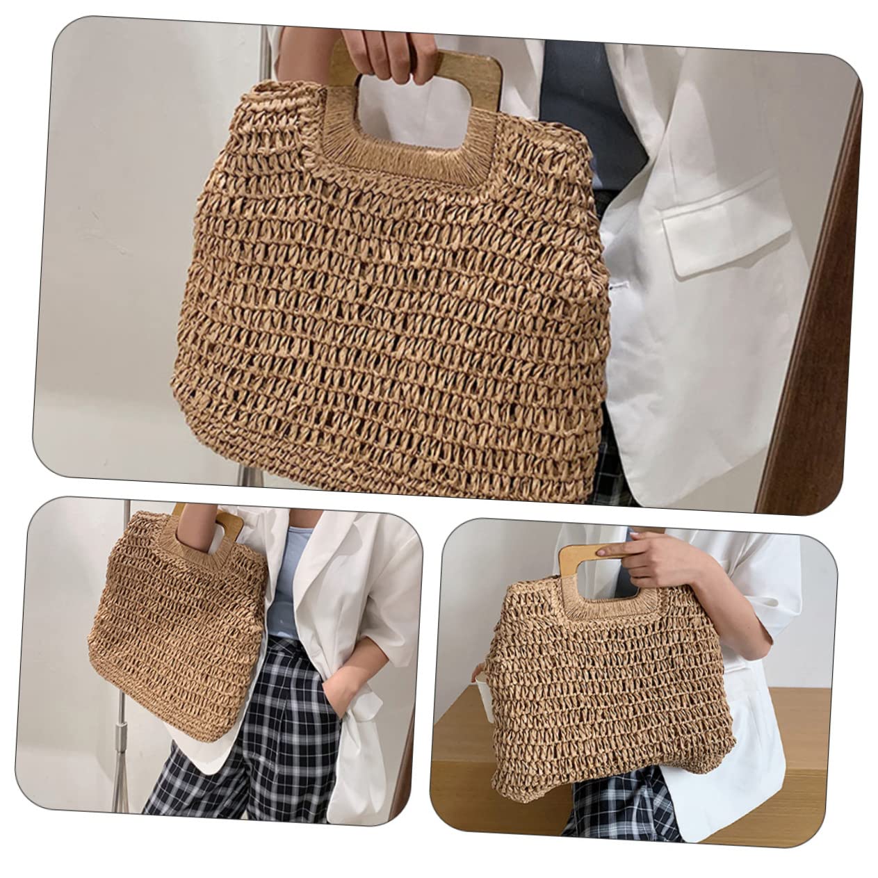 Strandtasche Groß aus Stroh, Handgewebte Tragetasche Khaki